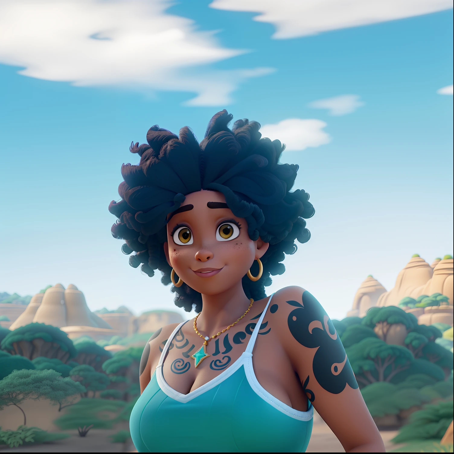 Uma mulher muito magra pele um pouco morena, rosto fino, com cabelo afro, olhos castanhos, piercing no nariz, com tatuagens, estilo disney Pixar, alta qualidade, melhor qualidade, com montanhas ao fundo