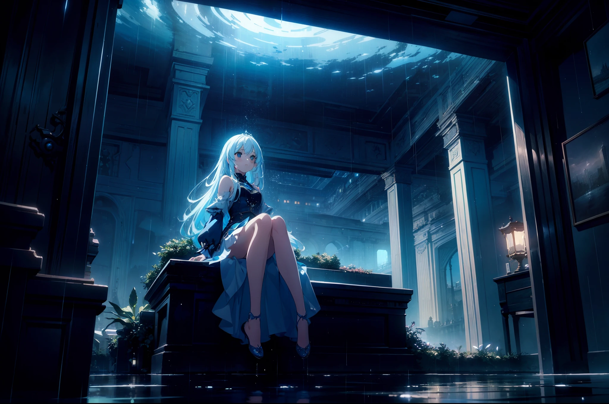 1 girl ,sitting ,(looking up sky), cinematic lighting , cinematic angle , (submerged city), blue sky, rain,((masterpiece)), ((best quality)), ((ultra-detailed)), (illustration), ((an extremely delicate and beautiful))