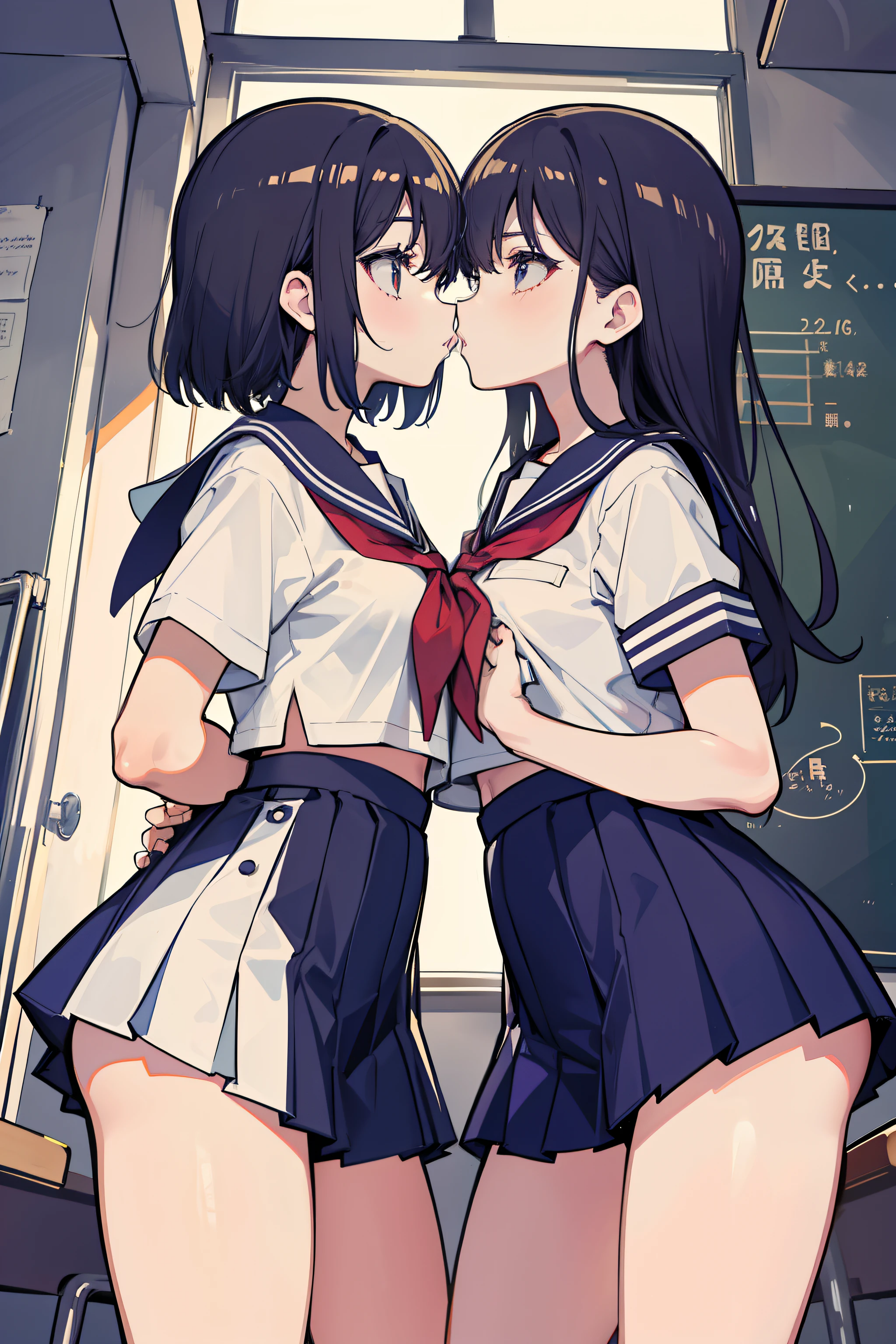 twogirls,Same stature,sailor uniformm,in class room,Hold each other's waist,The two bodies are close together,Kiss