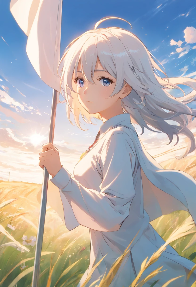A white female anime with white hair and eyes and white clotes in a field holding A white flag surrendering