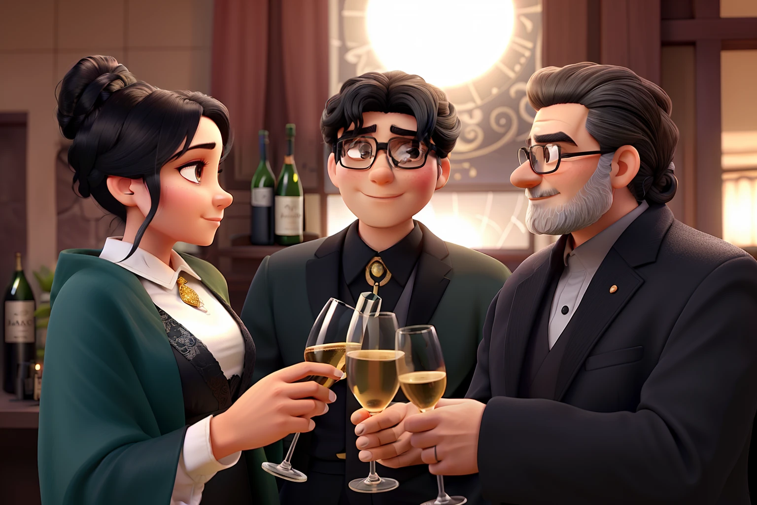 A beautiful wise woman in a bun in her black hair dressed in a dark green evening gown holding a glass of champagne in her hand, A young boy with short dark brown hair dressed in a black evening suit holding a glass of champagne in his hand, A wispy bearded wise man with short black hair holding a glass of champagne in his hand, The three of them are making a toast