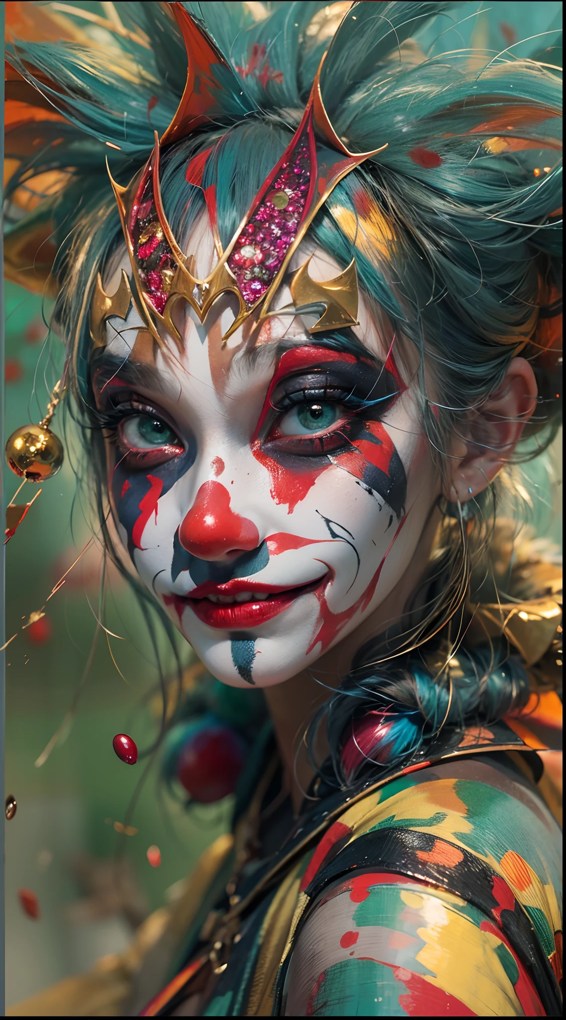 (Psychopathic Halle Quinn),Teardrop-shaped eyes，Reddens Nose，Cute,Wavy hair, feathered headdress，Sparkling sequins,(Colorful clown costumes), (Jester cap)，high-heels。burst into laughter, (The ground was covered in blood), (Standing in an abandoned hospital corridor),Vibrant colors,painting-like,Sharp contrast,ominous lighting.Best quality, Realistic, Photorealistic fidelity: 1.37, Artistic interpretation, Masterpiece: 1.2.