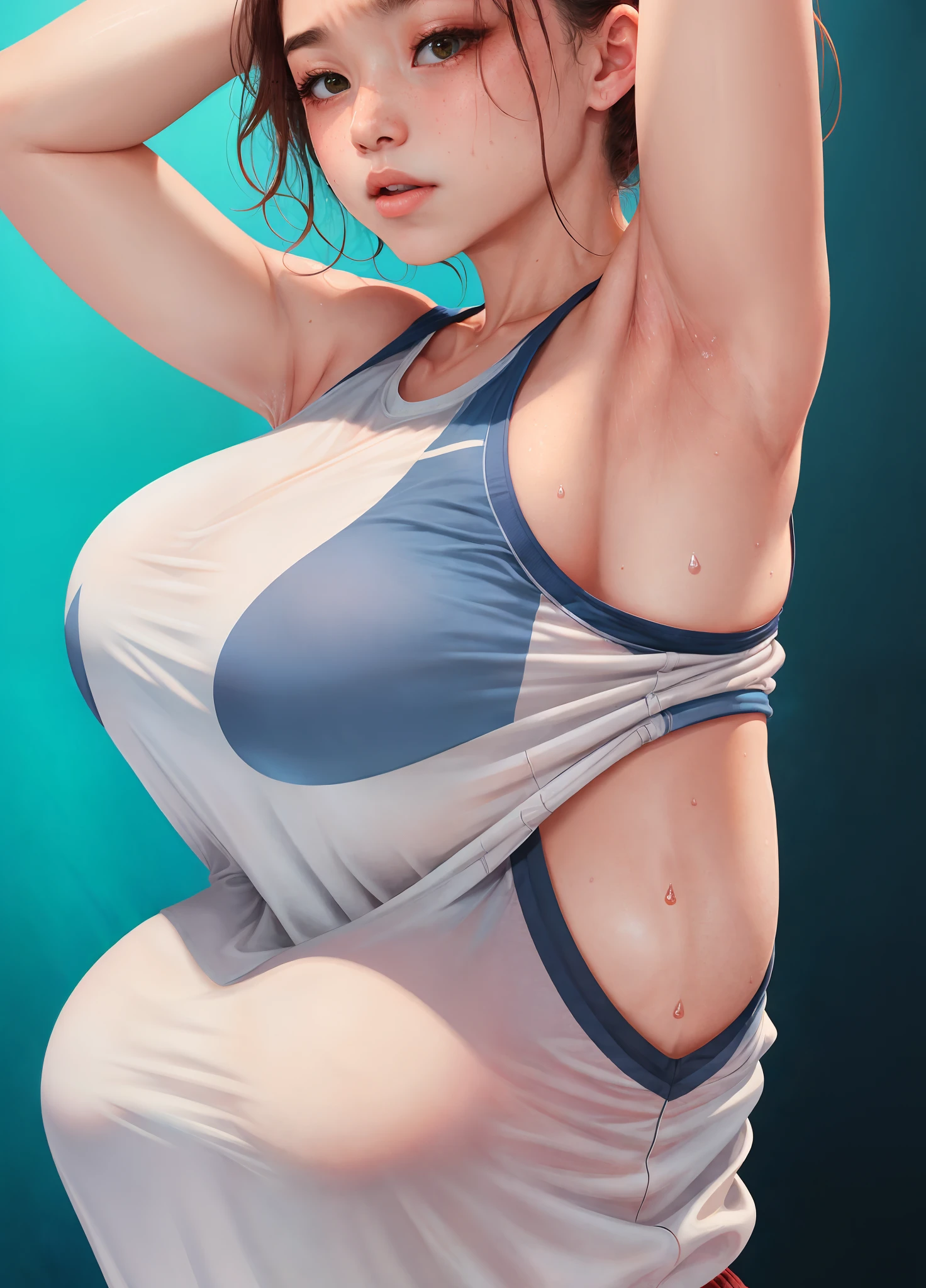 !A woman with large sweat stains under her armpits