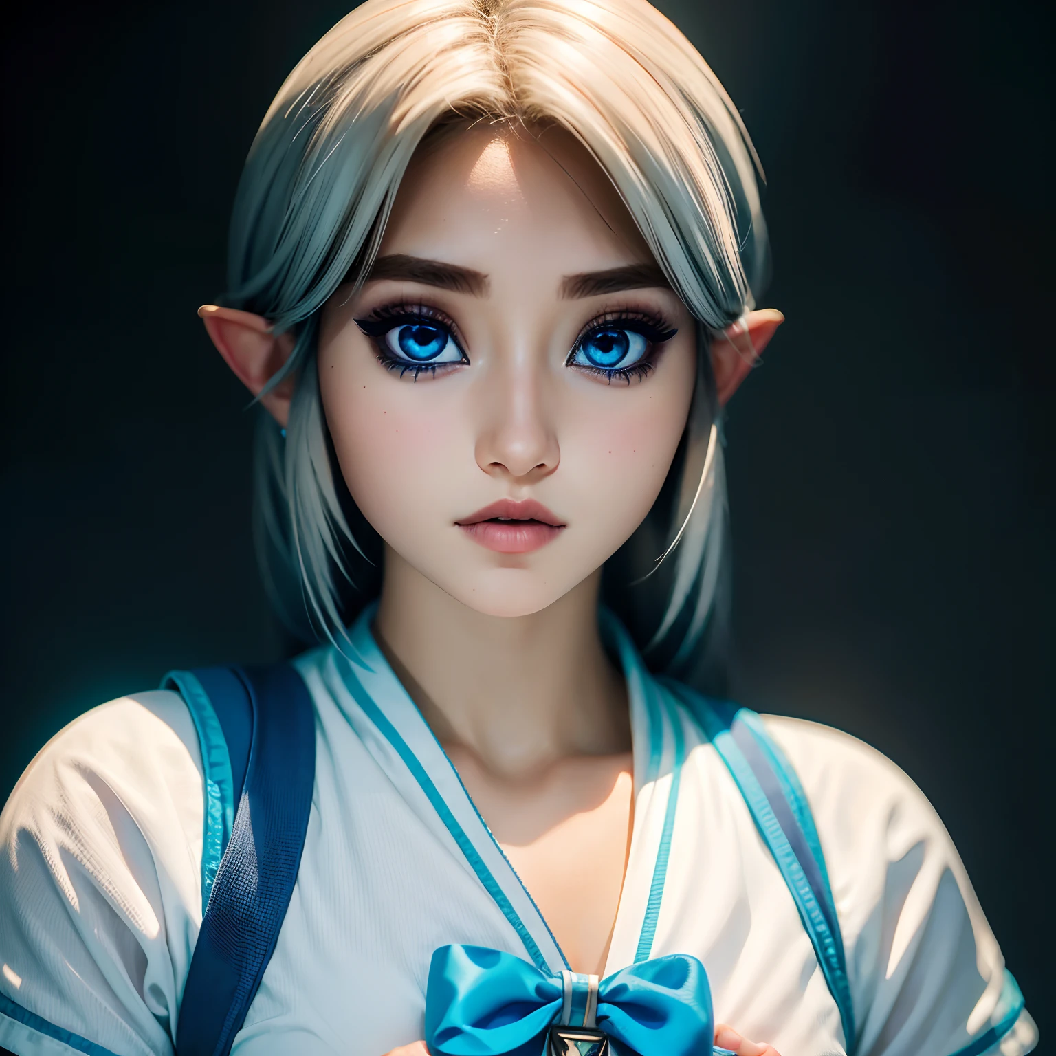 Link usando uniforme escolar feminino, unparalleled beauty, pele brilhante brilhante firme e brilhante, franja entre os olhos, brilhante reta loira platinada bonita, cabelo liso e sedoso super longo, delineador, sexy bonito inocente 14 anos de idade, high definition big big cute bright blue eyes, Beautiful and adorable girl, baby face, camisa de manga curta