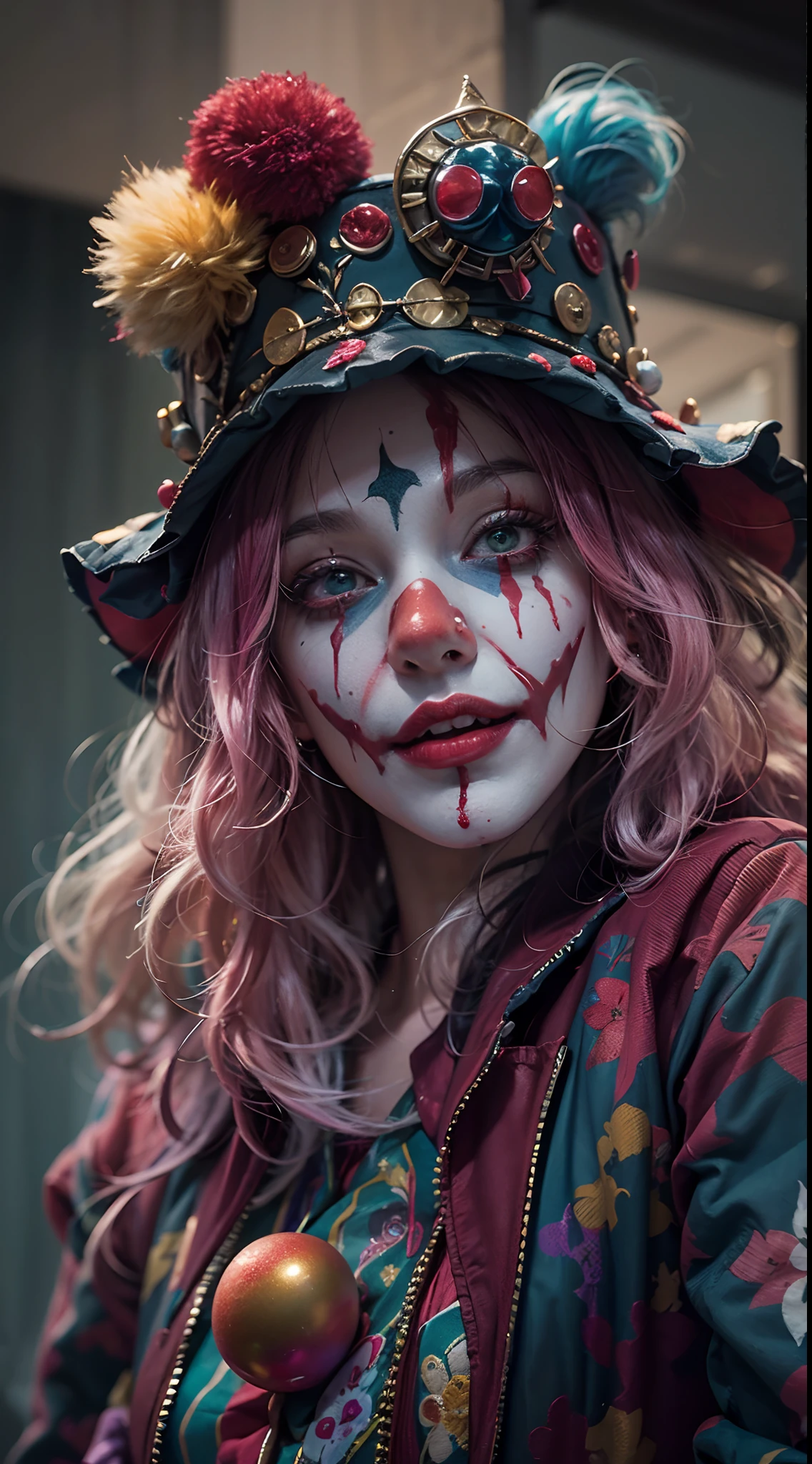 (Psychopath Halle Quinn),Reddens Nose，Cute,Wavy hair, feathered headdress，Sparkling sequins,(Colorful clown costumes), (Jester cap)，high-heels。burst into laughter, (The ground was covered in blood), (Standing in an abandoned hospital hallway),Vibrant colors,painting-like,Sharp contrast,ominous lighting.Best quality, Realistic, Photorealistic fidelity: 1.37, Artistic interpretation, Masterpiece: 1.2.