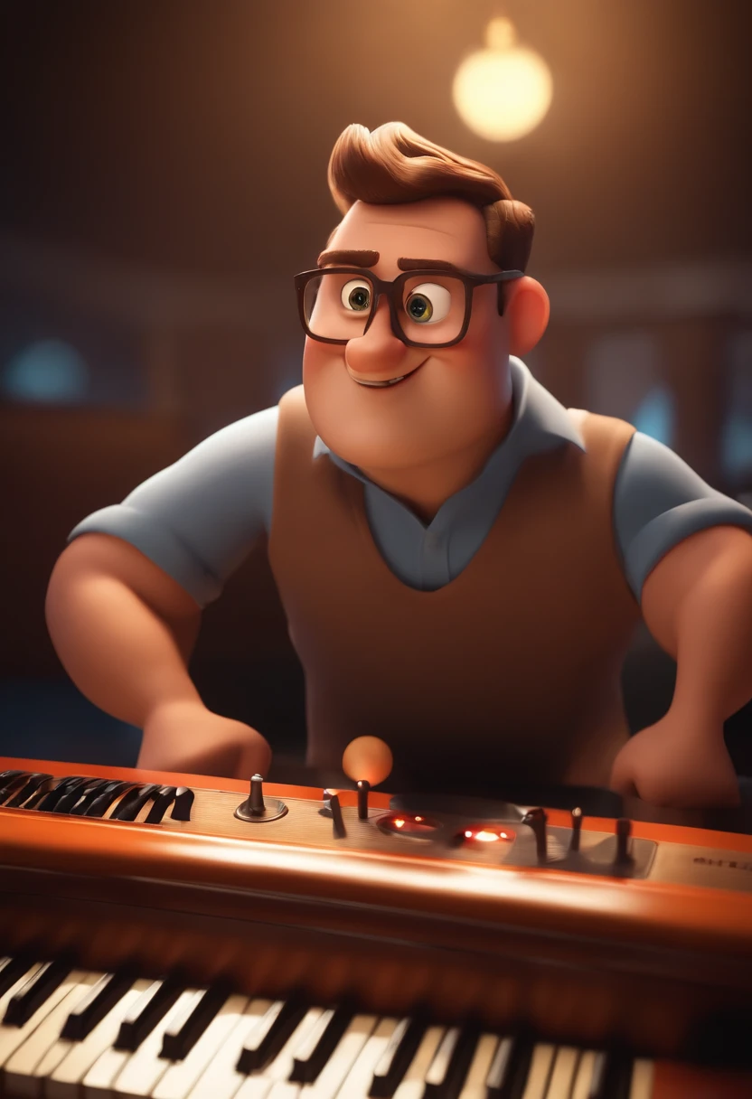 A Pixar-style 3D poster, Captura de uma cena com o fundo de videoaula com um homem de 40 anos, Rosto redondo, corpo atletico, negro, cabelos negros bem curto, sem barba, without glasses , He's happy with a keyboard( piano ) On a recording studio background with LED lights making videos for your students, animation style rendering, 3D estilizado, Arnold Maya render, 3 d render stylized, toon render keyshot, Personagem 3D, Personagem 3D, 3d rendering stylized, 3 d character render, personagem de desenho animado, Personagem de close up, Pose de personagem, (Estilo Pixar) (master part:1.2) (Bokeh) (best quality) (pele detalhada) (textura detalhada) (8k) (argila) (Cinematic lighting) (foco nítido