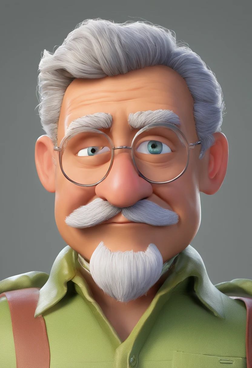 Criar um cartaz da Pixar, de um senhor de 81 anos, pele branca, cabelo loiro Crespo e bem curtinho, ele tem bigode loiro e olhos azuis bem vibrantes, and has frown lines between the eyes and forehead.