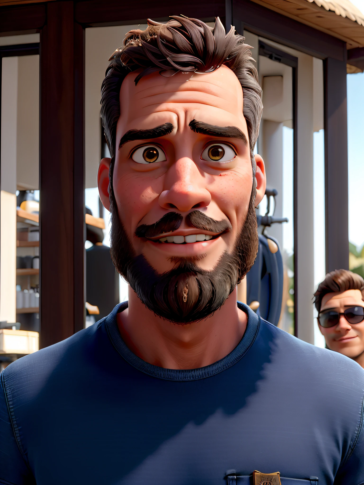 master part, best quality, um jovem com barba preta e longos cabelos castanhos, vestindo uma jaqueta de couro e jeans preto, ao lado de sua motocicleta