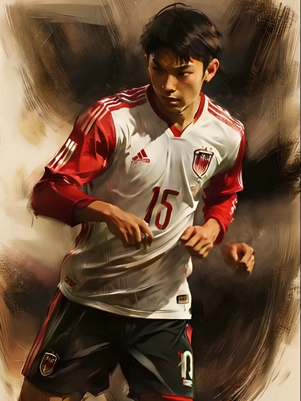 Homem Soccer Player face, style greg rutkowski realist, style anime, Japanese 17 years, careca, cabelo raspado