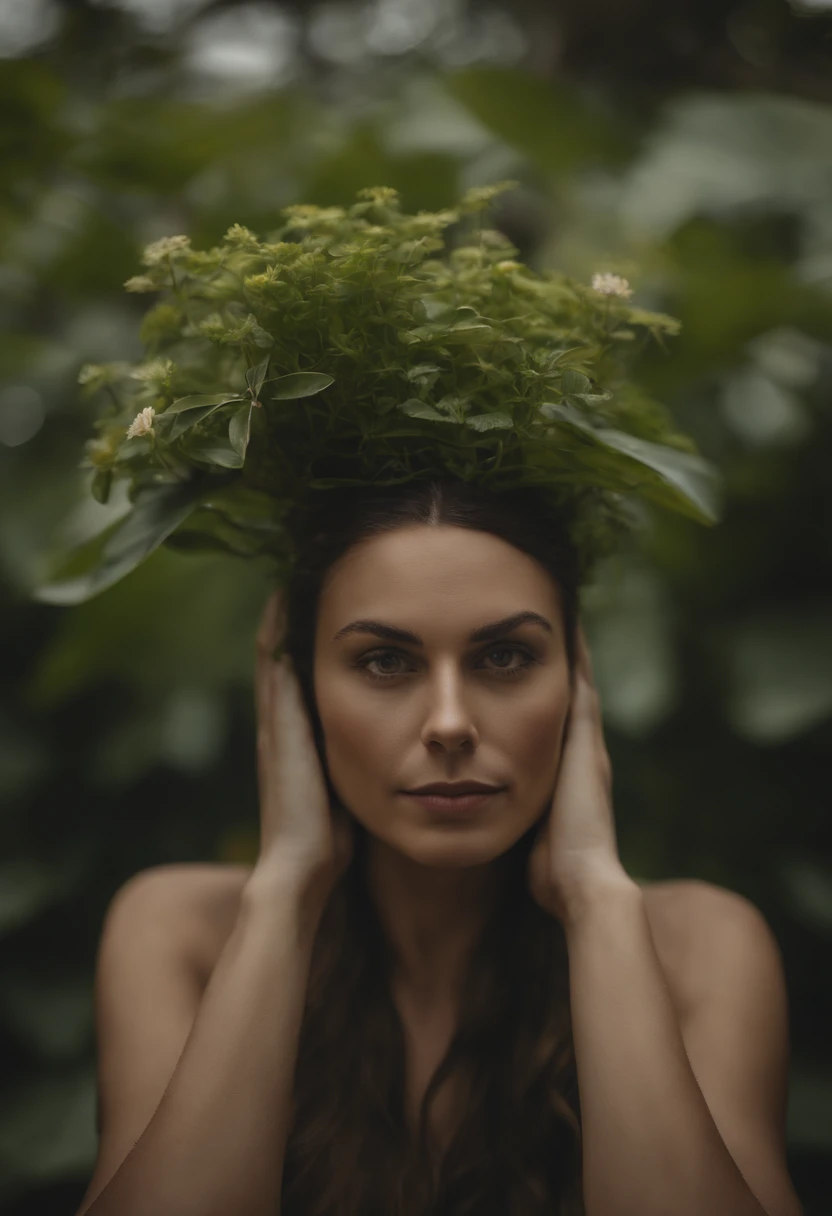There's a woman with a plant in a pot on her head, mulher feita de plantas, flowers growing out of its head, growth on head, person made of tree, branches sprouting from his head, planta em vaso, retrato centrado, only one head single portrait, ao lado de uma planta, plant spirit, centrado no retrato, rosto obscurecido