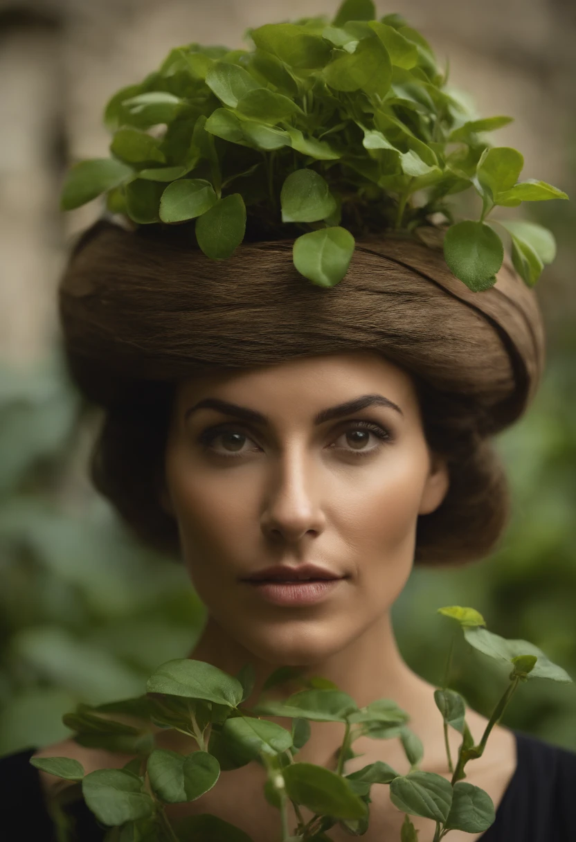 There's a woman with a plant in a pot on her head, mulher feita de plantas, flowers growing out of its head, growth on head, person made of tree, branches sprouting from his head, planta em vaso, retrato centrado, only one head single portrait, ao lado de uma planta, plant spirit, centrado no retrato, rosto obscurecido