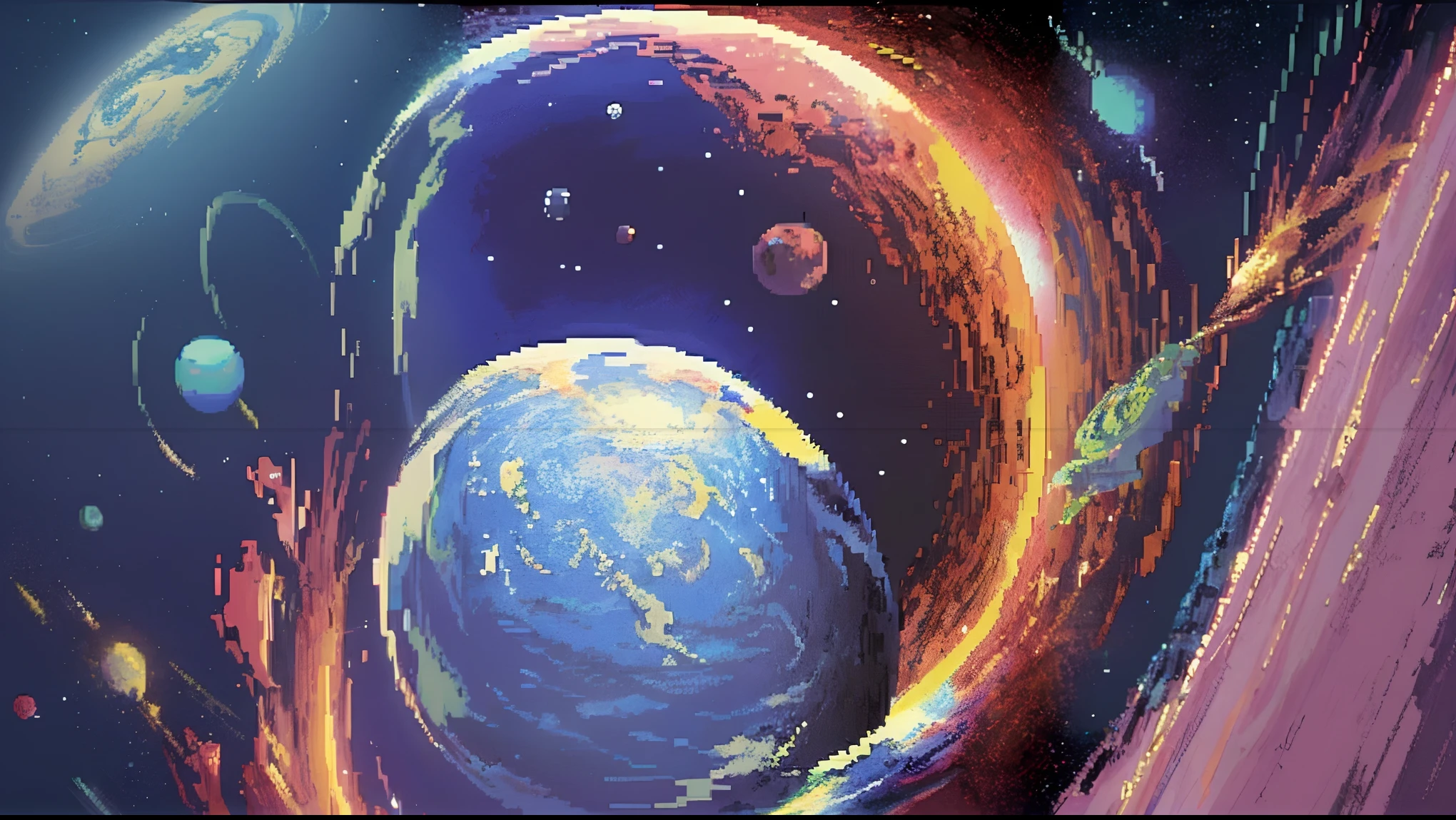 a close up of a pixel style picture of a planet with a bright blue center, detailed pixel artwork, pixel art", space art, planets colliding, with earth in the background, # pixelart, #pixelart, detailed pixel art, beautiful detailed pixel art, 32-bit pixel art, planets crashing, looming over earth, 8 - bit pixel art