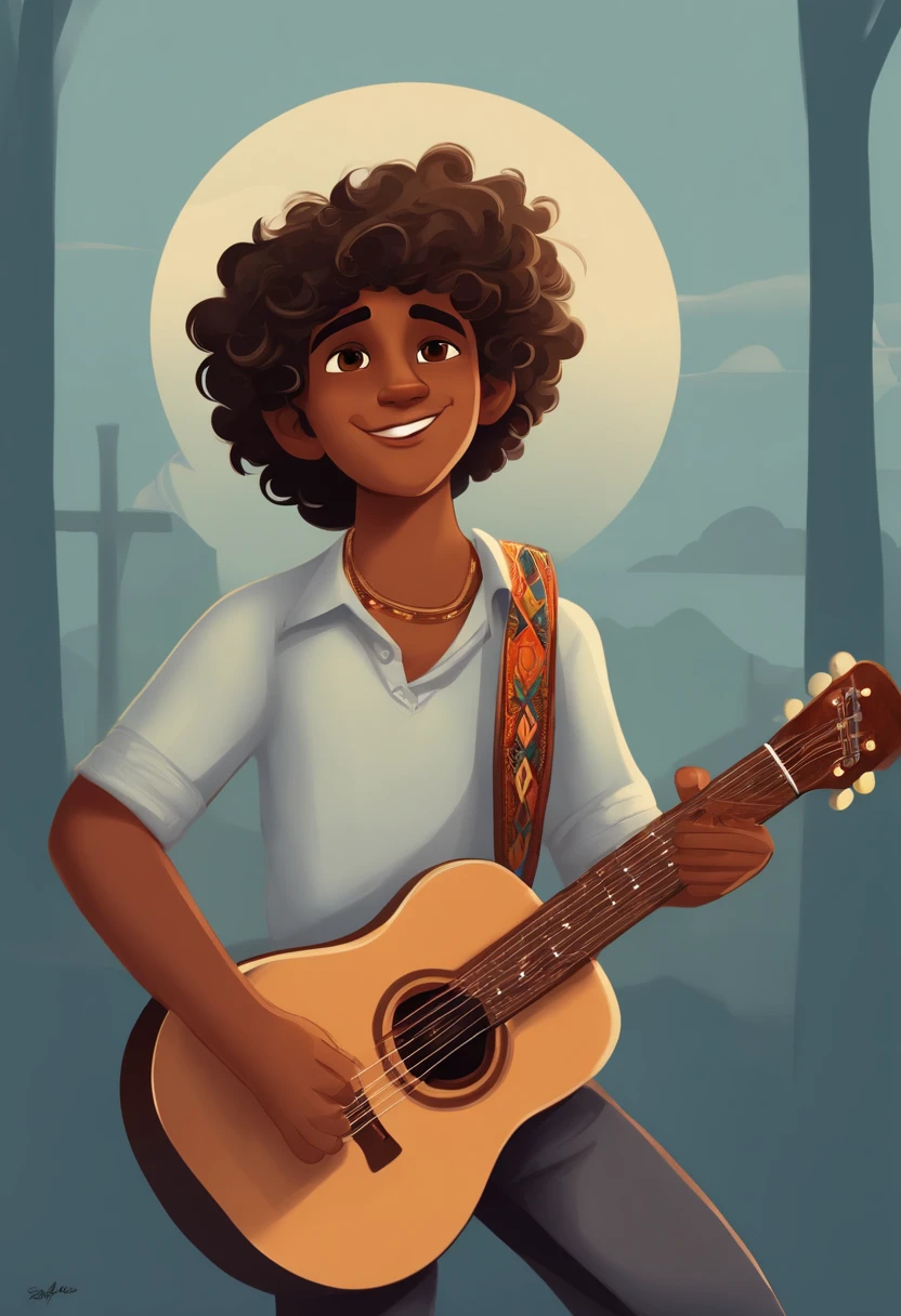 crie um banner no estilo Pixar. A boy with Indian features, moreno pardo com cabelos curtos, Castanhos escuros, Curly and slightly grayish appearance, mas jovem, usando uma camiseta, Wearing jeans and holding a classical guitar with 7 strings.