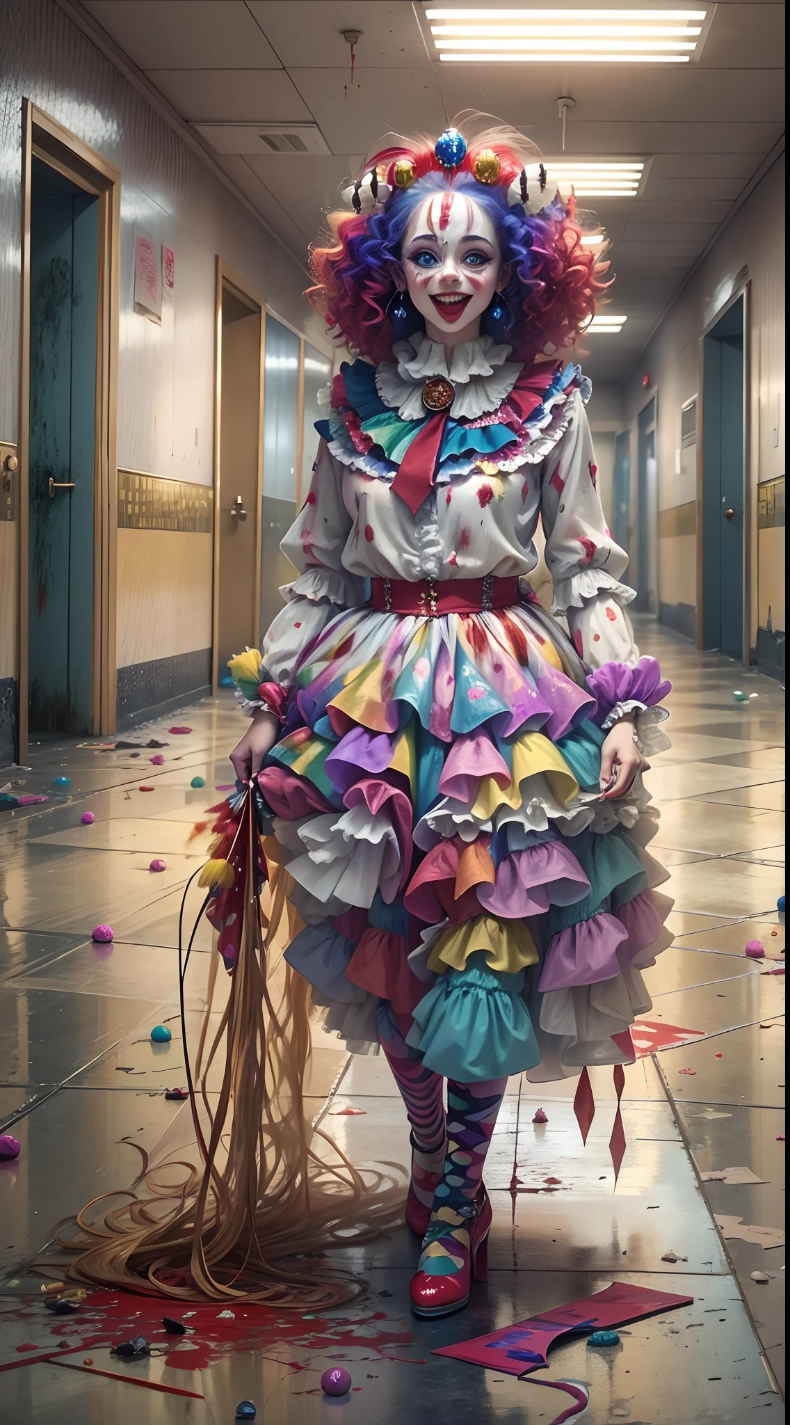 Weird(Queen of the Psychotic Clown),Reddens Nose,Cute,Wavy hair, feathered headdress,Sparkling sequins,(Colorful clown costumes), high-heels。burst into laughter, (Standing in an abandoned hospital hallway),(The ground was covered in blood),painting-like,Sharp contrast,ominous lighting.Best quality, Realistic, Photorealistic fidelity: 1.37, Artistic interpretation, Masterpiece: 1.2.