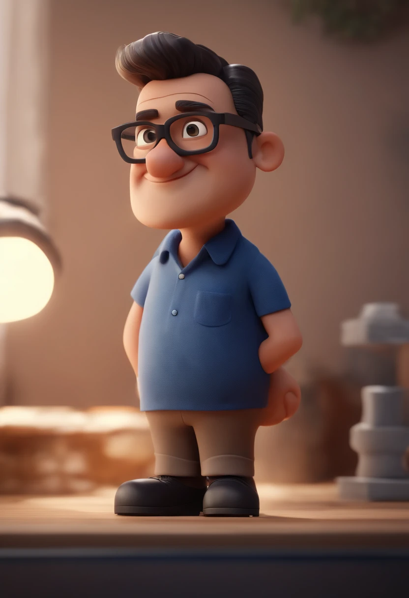 Cartoon character of a man wearing black glasses and a blue shirt, um personagem animado, Caractere estilizado, animation style rendering, 3D estilizado, Arnold Maya render, 3 d render stylized, toon render keyshot, Personagem 3D, Personagem 3D, 3d rendering stylized, 3 d character render, personagem de desenho animado, Personagem de close up, Pose de personagem, (Estilo Pixar) (master part:1.2) (Bokeh) (best quality) (pele detalhada) (textura detalhada) (8k) (argila) (Cinematic lighting) (foco nítido，Senta e vaza a parte superior do corpo