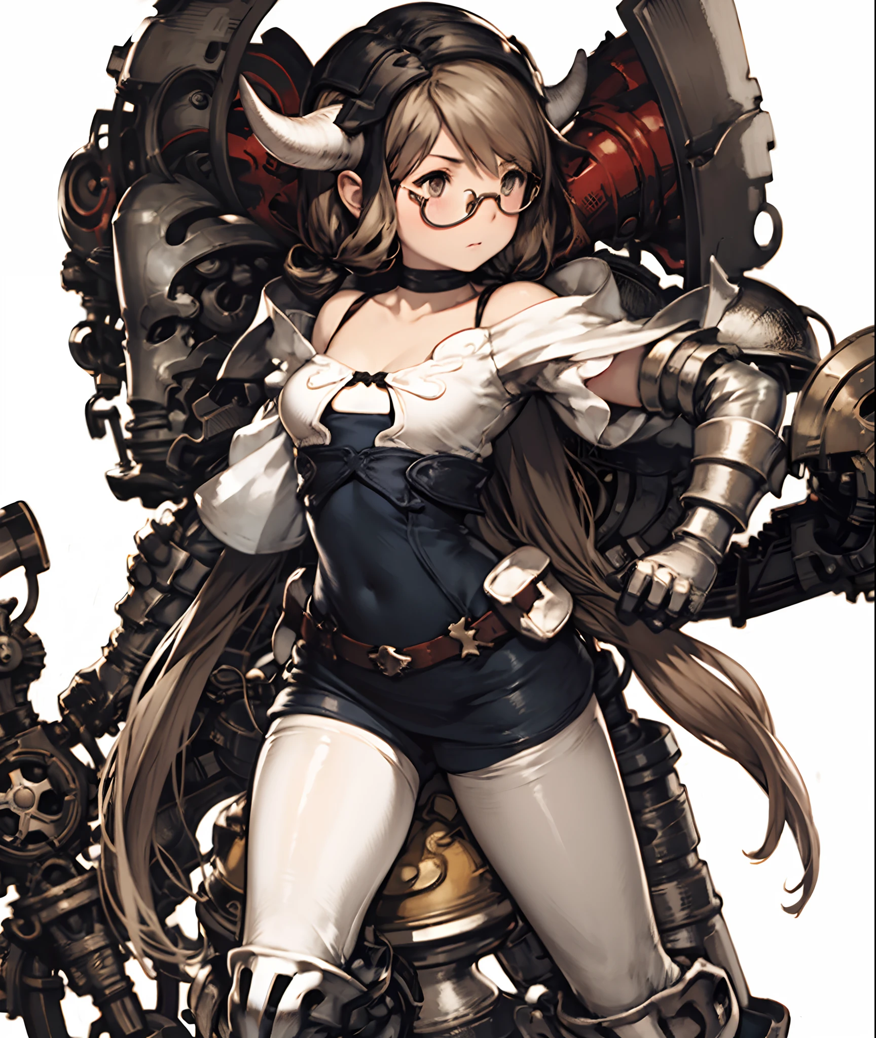 yoshida akihiko, 1girl, bravely default: flying fairy, bravely default \(series\), Nier, final fantasy, brown eyes, helm with horns, low pigtails, eyeglass