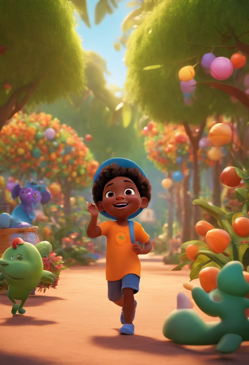 Pixar style black child playing with Cocomelon characters in an open park