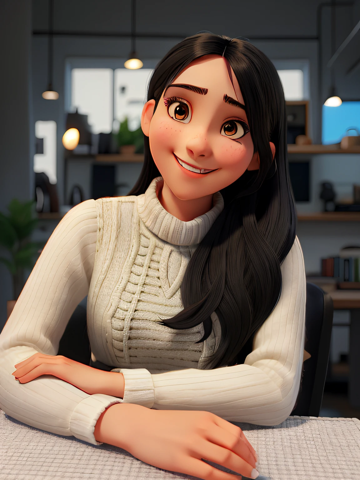 A beautiful girl with medium straight hair with bangs and black, Dark eyes in jeans and white knitting smiling