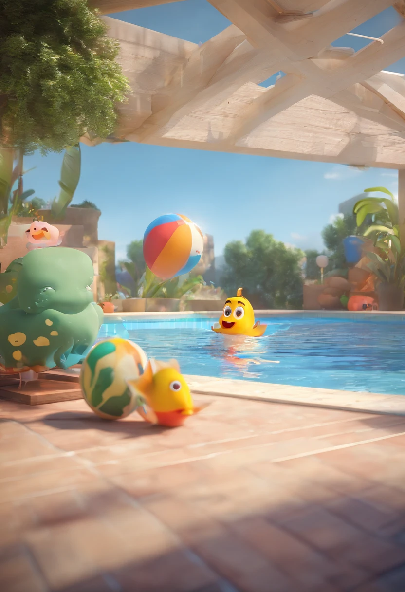 Estilo Pixar: Friends in swimming pool training, nadando, piscina