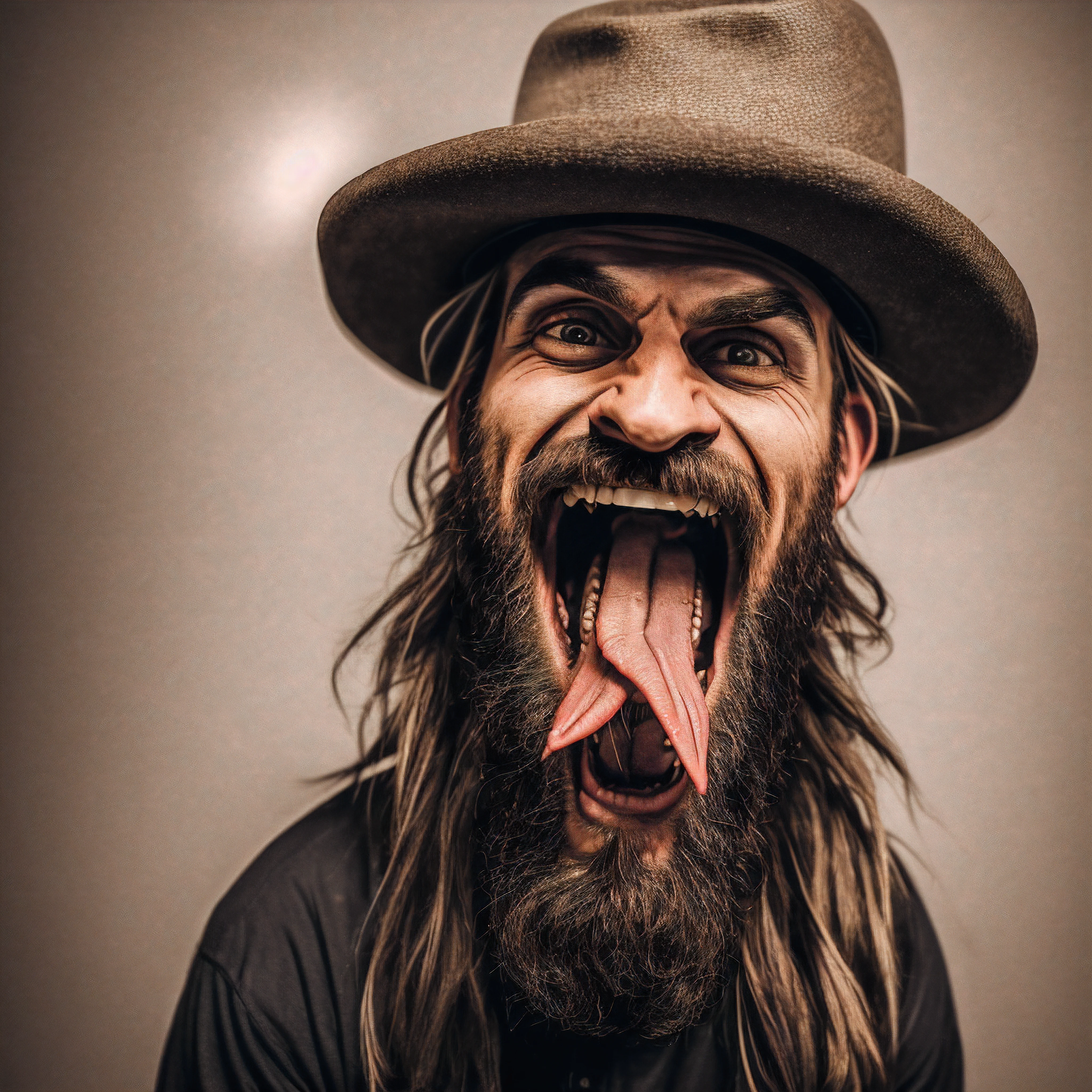 there is a man with a beard and a hat on, scariest looking man alive, very ugly face, buck teeth, round teeth and goofy face, insane face, unkempt beard, no teeth, sneering at the camera, happy with his mouth open, ugly face, mouth open, open mouth and big teeth, screaming at the camera, mouth slightly open