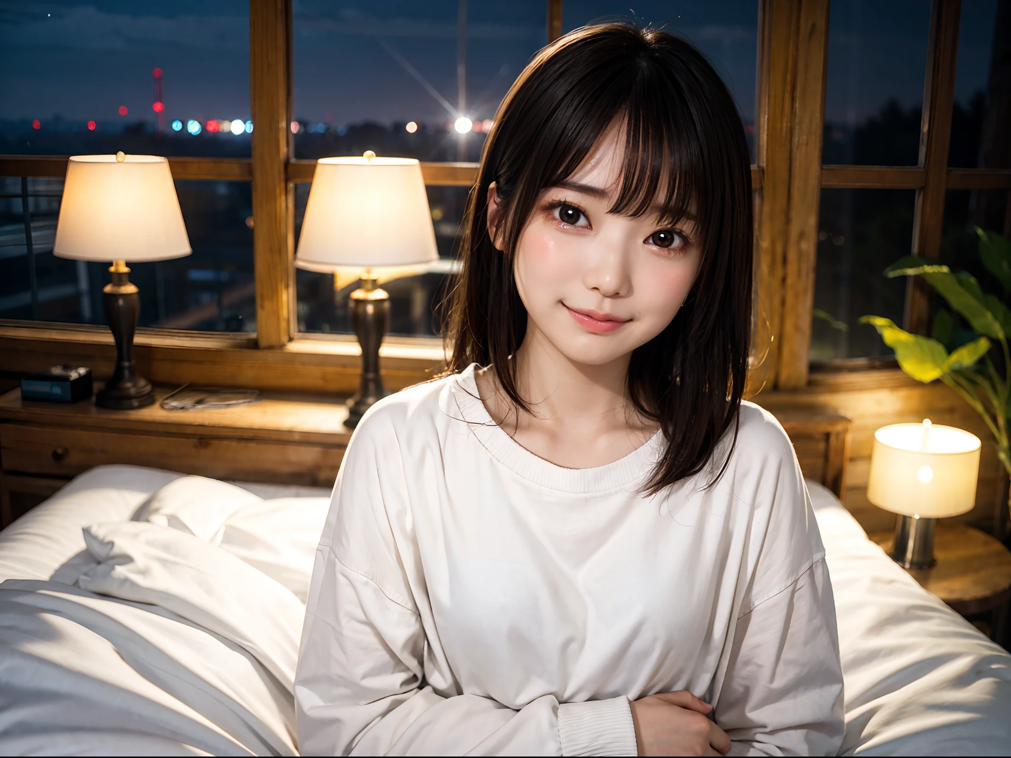 Japan girl in long sleeve t-shirt、Sleeping in a hotel bed at night、looking at the viewers、(top-quality、​masterpiece)))、hight resolution、ighly detailed、​masterpiece、电影灯光、(8K、top-quality、​masterpiece:1.2)、(realisitic、Photorealsitic:1.37) Hi-Res、The ultra-detailliert、1girl in 、asian human, cute little, cute  face, 独奏, Short hair 1.2, Textured skin, Beautiful detailed night sky, night landscape, 电影灯光, depth of fields, Lens flare light、sitting on、Dating、(blush nose)、(Crying face:1.15)、My eyes are moist、Red Eyes、The face is reddening、(Mouth closed)tiny chest、beautiful finely detailed eyes、natta、(shorth hair:1.2)、Floating hair Nova frog style、I'm crying、Crying face