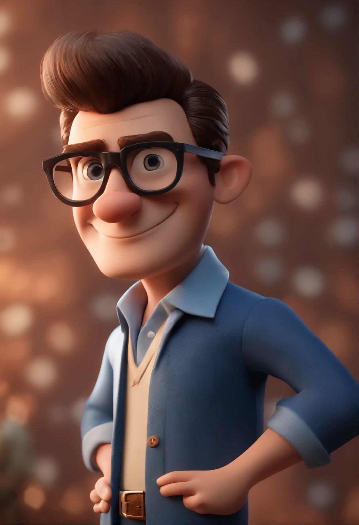 Cartoon character of a man wearing black glasses and a blue shirt, um personagem animado, Caractere estilizado, animation style rendering, 3D estilizado, Arnold Maya render, 3 d render stylized, toon render keyshot, Personagem 3D, Personagem 3D, 3d rendering stylized, 3 d character render, personagem de desenho animado, Personagem de close up, Pose de personagem, (Estilo Pixar) (master part:1.2) (Bokeh) (best quality) (pele detalhada) (textura detalhada) (8k) (argila) (Cinematic lighting) (foco nítido,Senta e vaza a parte superior do corpo