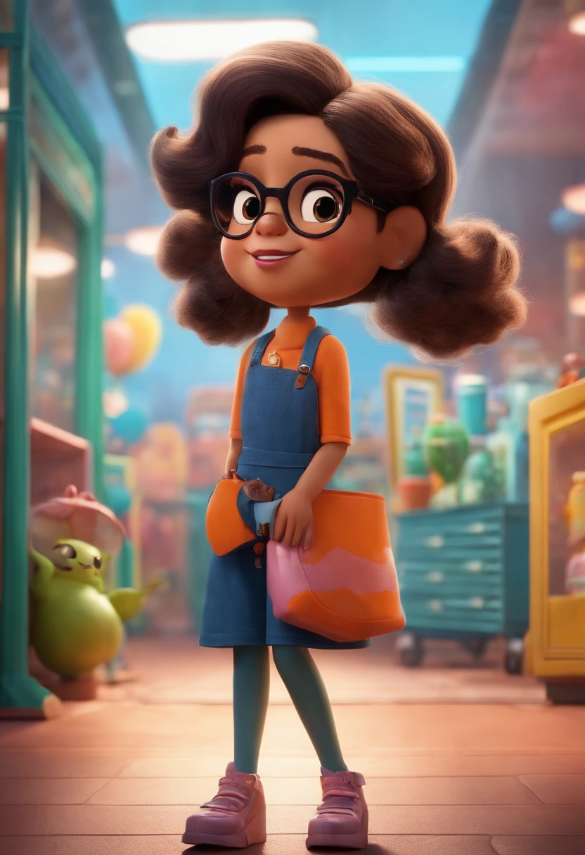 Crie um personagem feminino no estilo pixar dentro de um pet shop com pele morena clara, o cabelo de japonesa, and square glasses