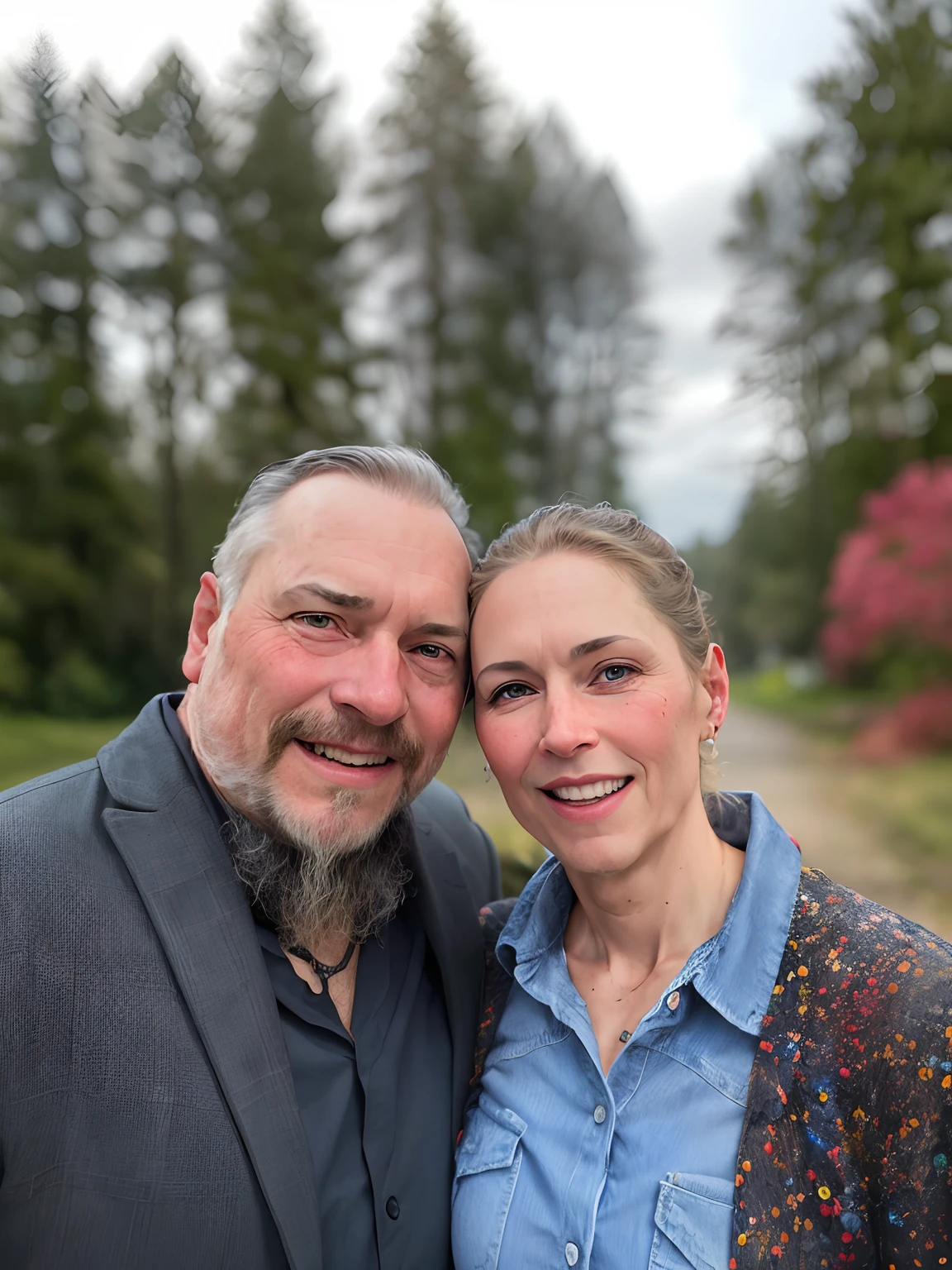 There's a man and a woman together in a park, Retrato de duas pessoas, fotografia tirada em 2 0 2 0, Fotografia tirada em 2 0 2 0, retrato de casais, trees in the background, em frente a um fundo de floresta, with a tree in the background, imagem de perfil, retrato de casal, Kate Oleska e Jim Kay, Dave McKean e Stina Persson