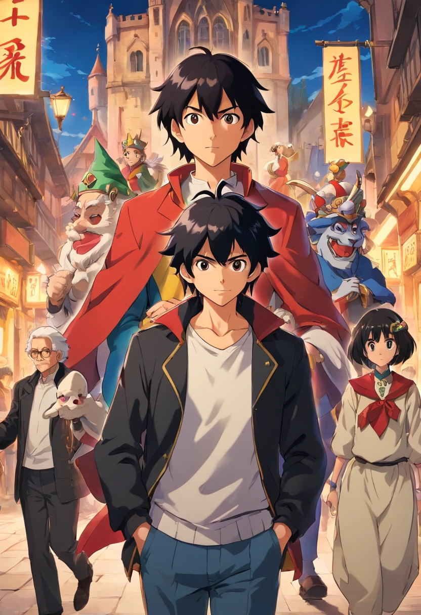 the anime, The guy with the black hair, Confident gait, and a black jacket with a king and a jester.