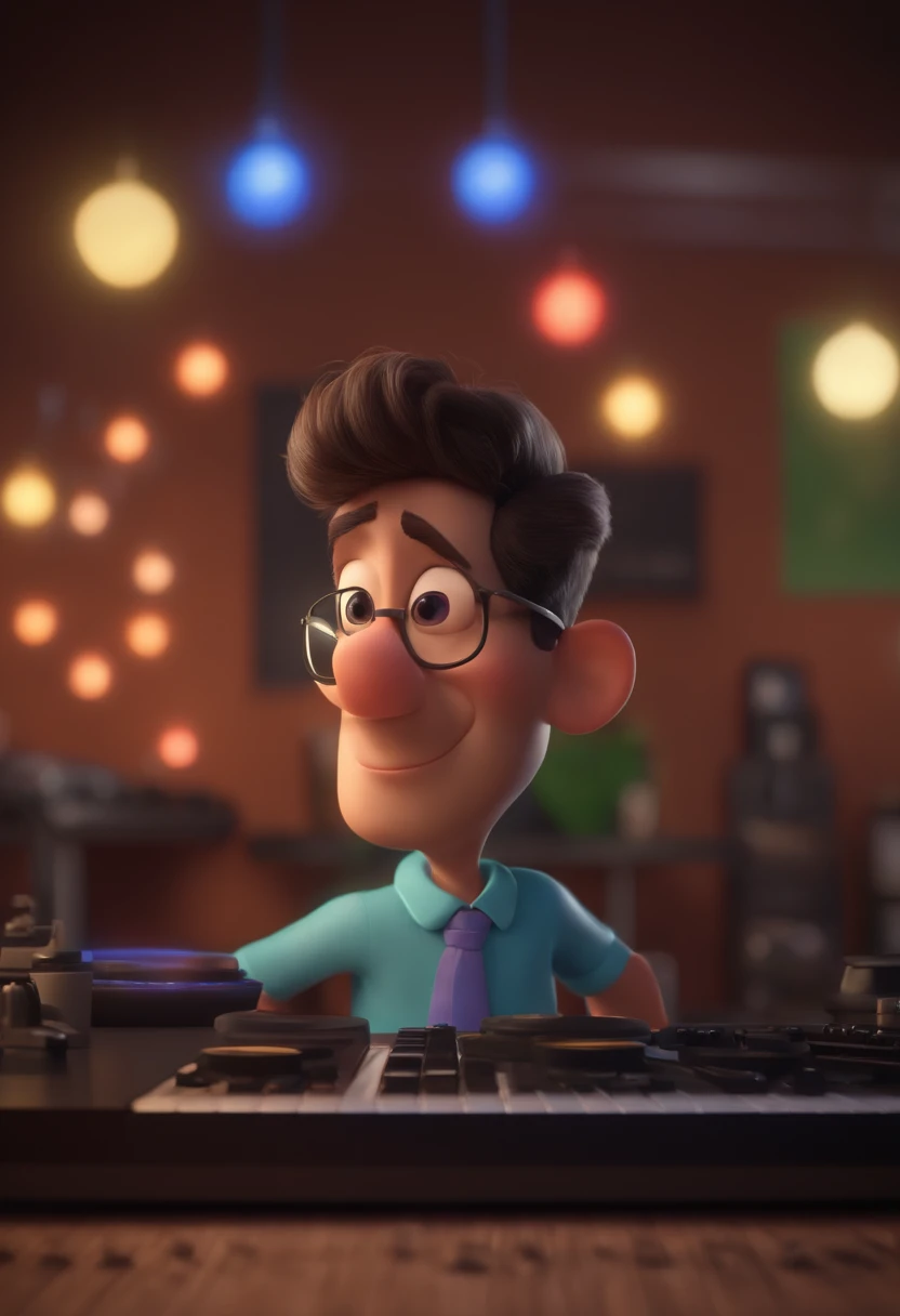 A Pixar-style 3D poster, Captura de uma cena com o fundo de videoaula com um homem negro de 40 anos, Rosto redondo, corpo atletico, preto, cabelos pretos bem curto, sem barba, without glasses , He's happy with a keyboard( plano ) On a recording studio background with LED lights making videos for your students, animation style rendering, 3D estilizado, Arnold Maya render, 3 d render stylized, toon render keyshot, Personagem 3D, Personagem 3D, 3d rendering stylized, 3 d character render, personagem de desenho animado, Personagem de close up, Pose de personagem, (Estilo Pixar) (master part:1.2) (Bokeh) (best quality) (pele detalhada) (textura detalhada) (8k) (argila) (Cinematic lighting) (foco nítido