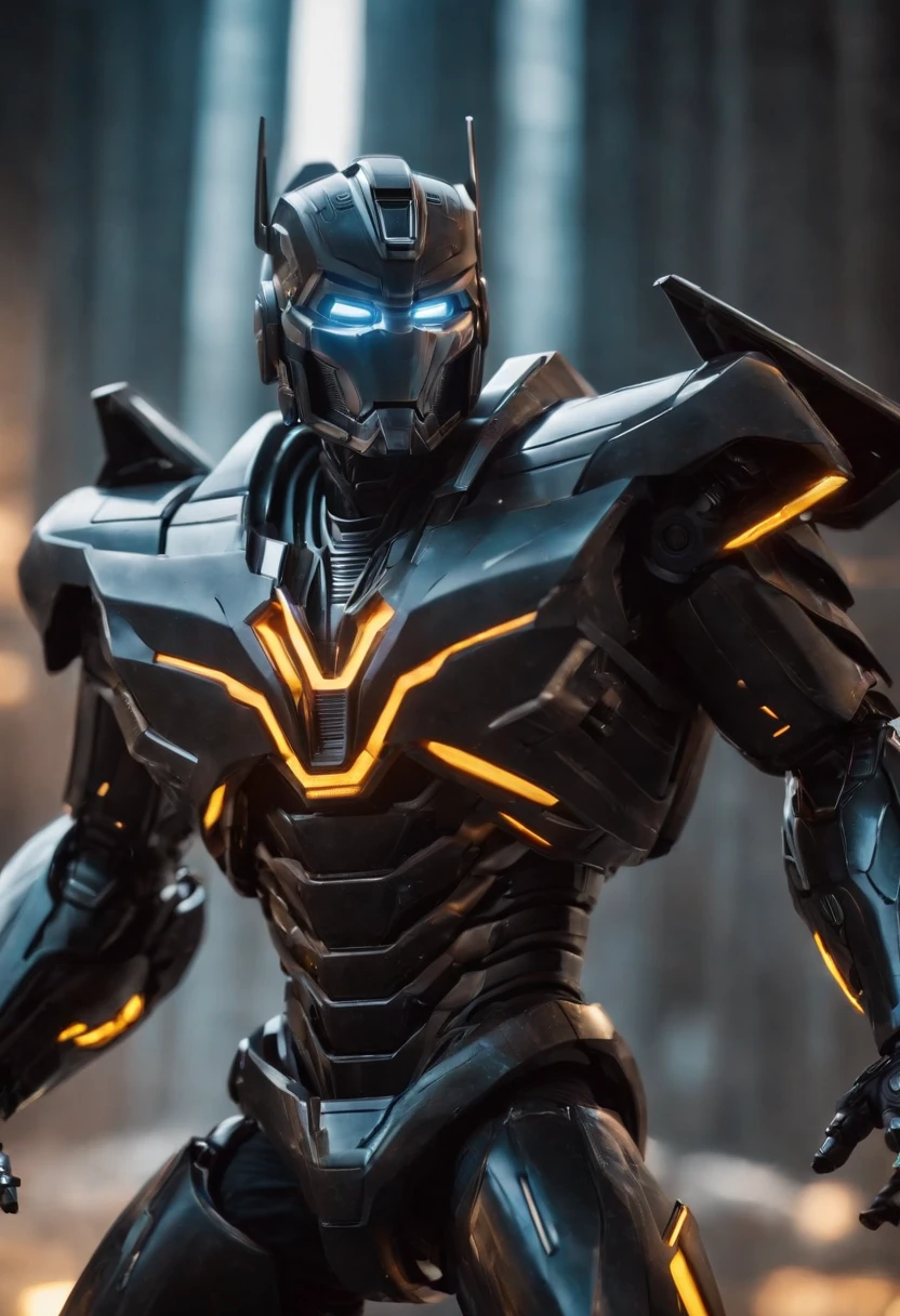 Tron Combined with Megatron transformer, tron legacy, battle pose, crystal clear image, intricate details, close up, battle scars, black and amber themed, simulation world, 50ft tall