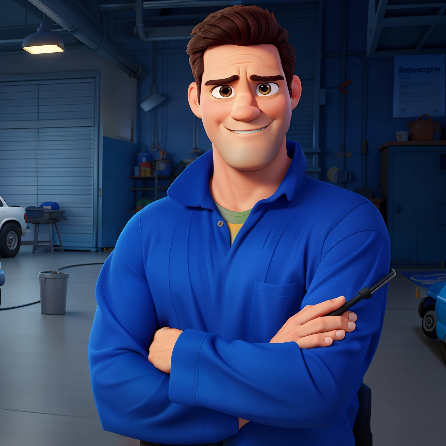 Poster no estilo Disney pixar, alta qualidade, melhor qualidade, homem, 30 anos, musculoso, With background in a car repair shop