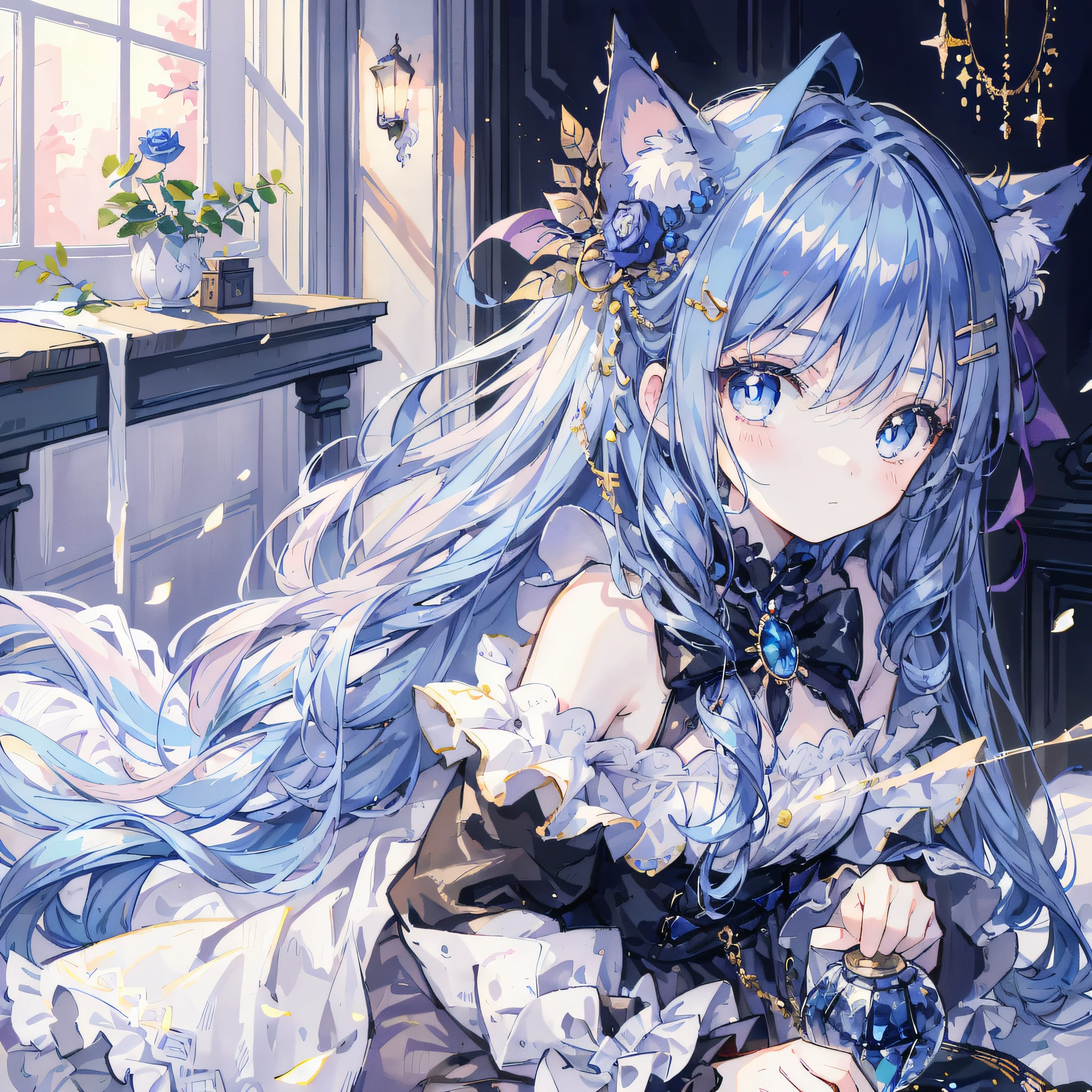 (masterpiece), (best quality), (1 girl)), amazing, beautiful detail eyes, fine details, depth of field, original, ((best quality)), ((super detailed)), (best illustration), (best lighting, best shadow), (very delicate and beautiful)), very detailed wallpaper, dream background, landscape, young girl, li, full body, single, solo, petite, gothic, underage, female chyoung loli, Sphire crystal eyes, float semi banded long Sapphire crystal hair, ahoge, wavy shoulder length Sapphire crystal long hair, Sapphire crystal hair ornament, Sapphire crystal hair clip, cat ear, collar,blue_rose