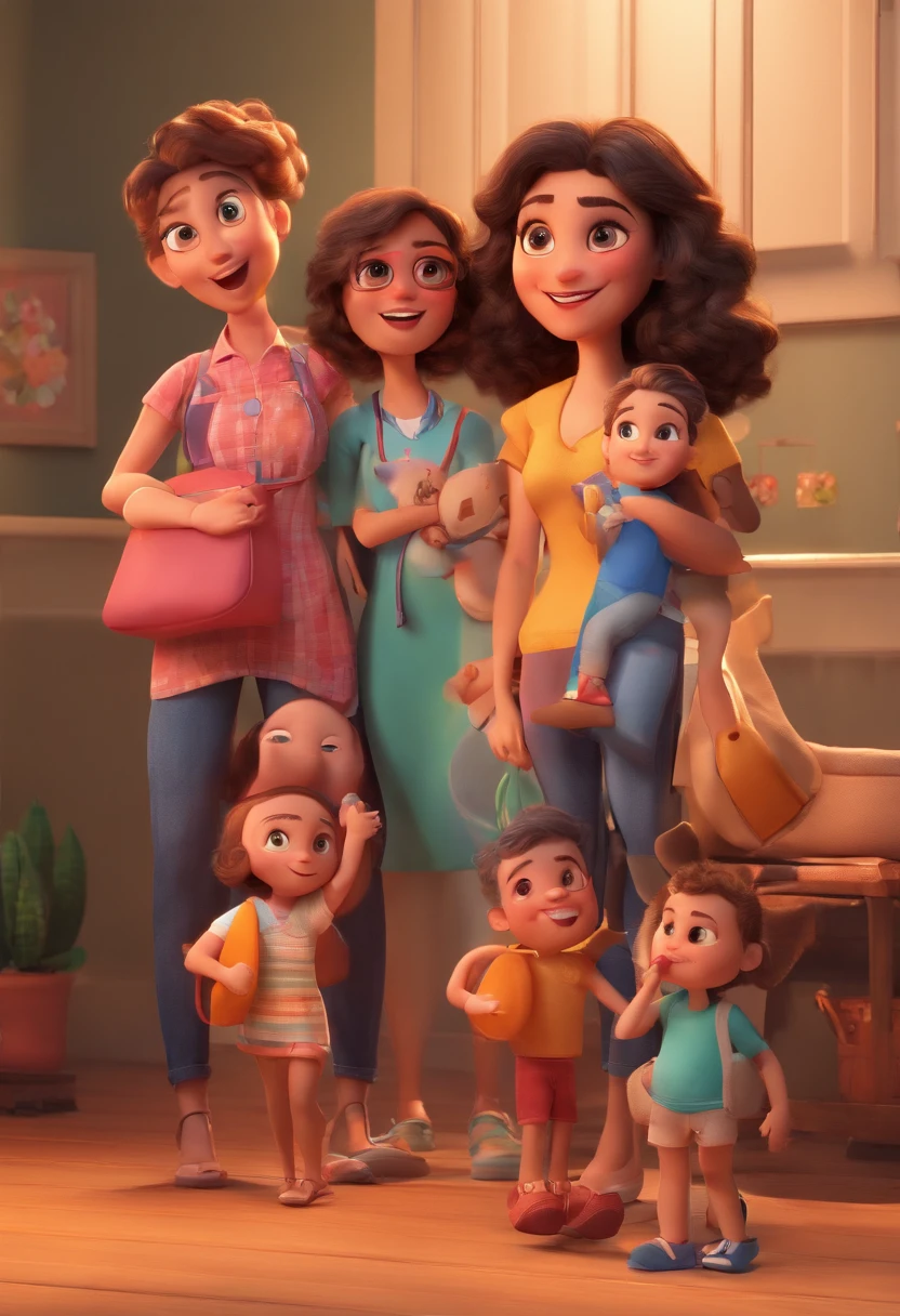 Estilo Pixar: Familia, Um pai, A mother and two girls. Uma menino de 6 anos e uma menina de 10 anos . Uma fazenda com vacas lindas e marrom .