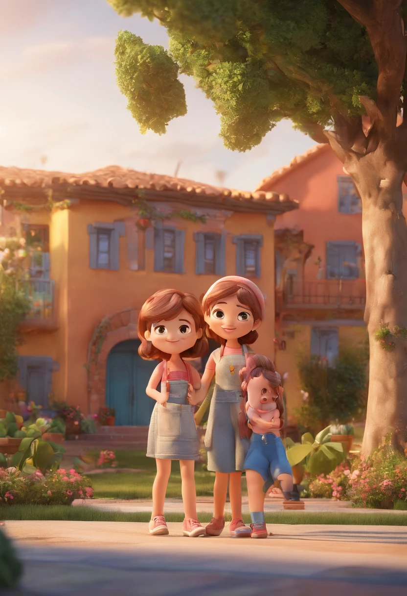 Estilo Pixar: Famili A mother and two girls. One was a 12-year-old girl and the other a 10-month-old baby . Uma casa grande e linda .