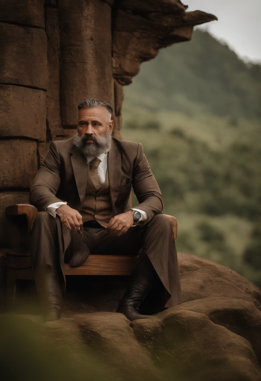 homem de pele marrom,Physically well built, sentado no trono,coroa,barba muito curta,em breve,black business costume