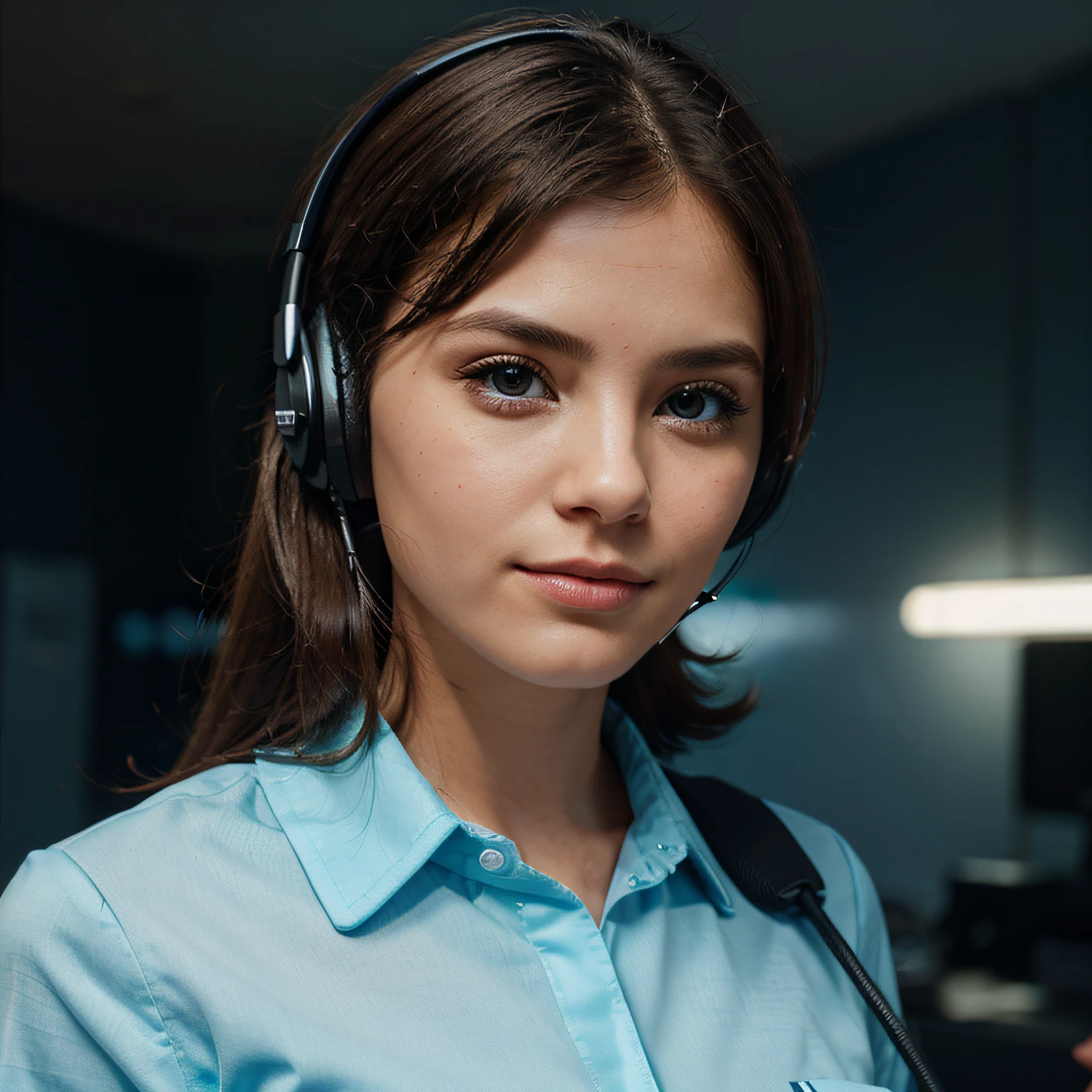 A female customer service operator,Use the headset to answer calls,Hand tapping on the keyboard,Eyes look at the lens,Wear a shirt,Formal attire,solid color backdrop