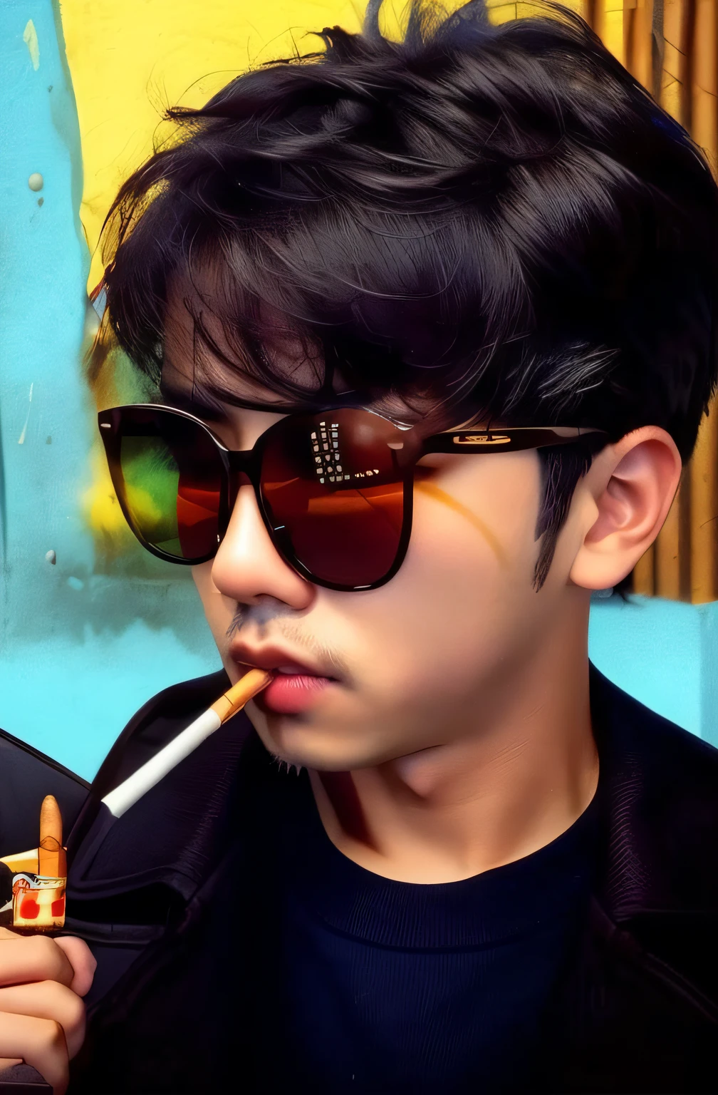There was a boy wearing sunglasses,A cigarette in his mouth, with cigar, with sunglass, in style of kar wai wong, Profile image, cigarettes, Cigarette in his mouth, jimin\'s plump lips, 2 8 years shades, ✨🕌🌙,