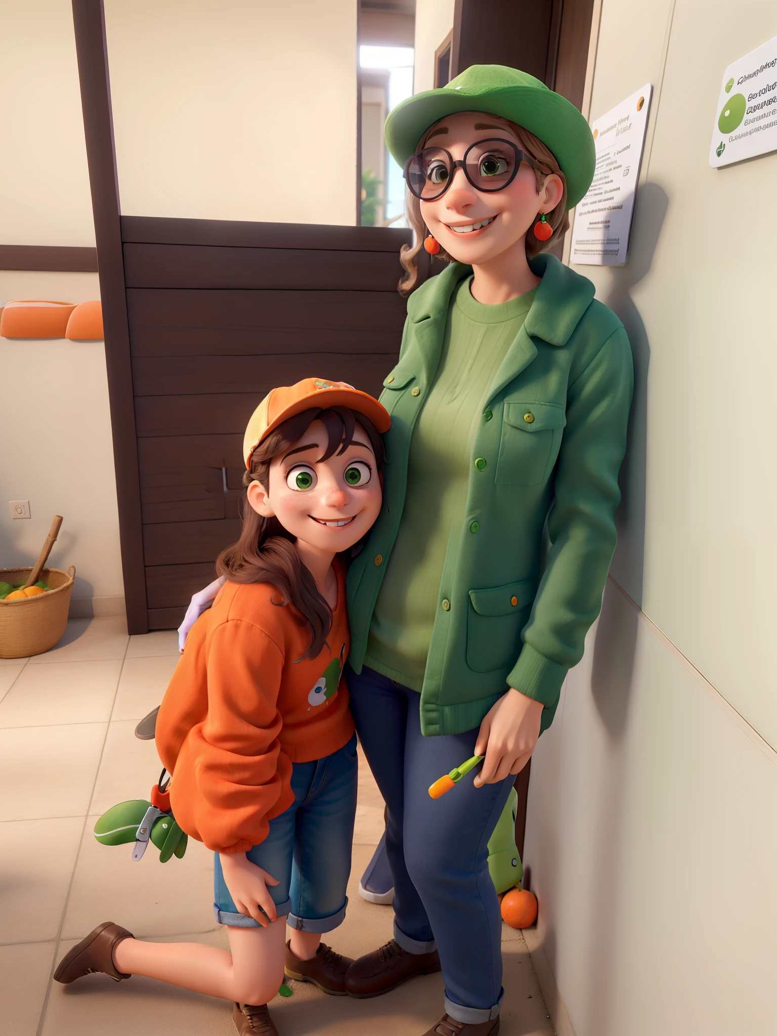 Obra-prima, de melhor qualidade, uma mulher de cabelos pretos, sunglasses, hat and green outfit, Next to a child who is smiling, olhos pretos and wearing orange clothes