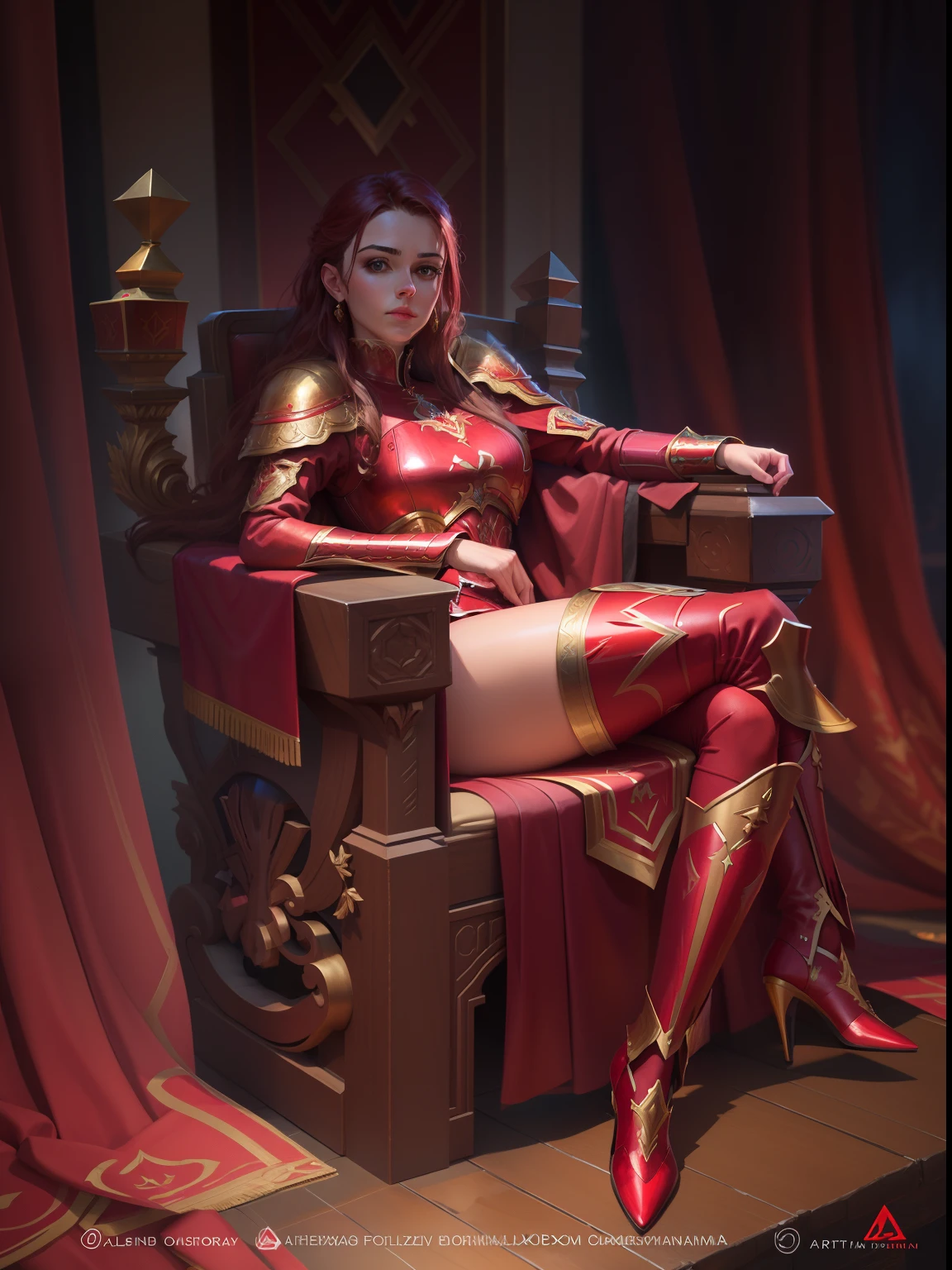 arafed woman in red sitting on a throne, commission for high res, extremely detailed, alexandra fomina artstation, sitting on her throne, lady in red armor, in style of artgerm, trendin on artstation, alena aenami and artgerm, regal pose, artstation painting