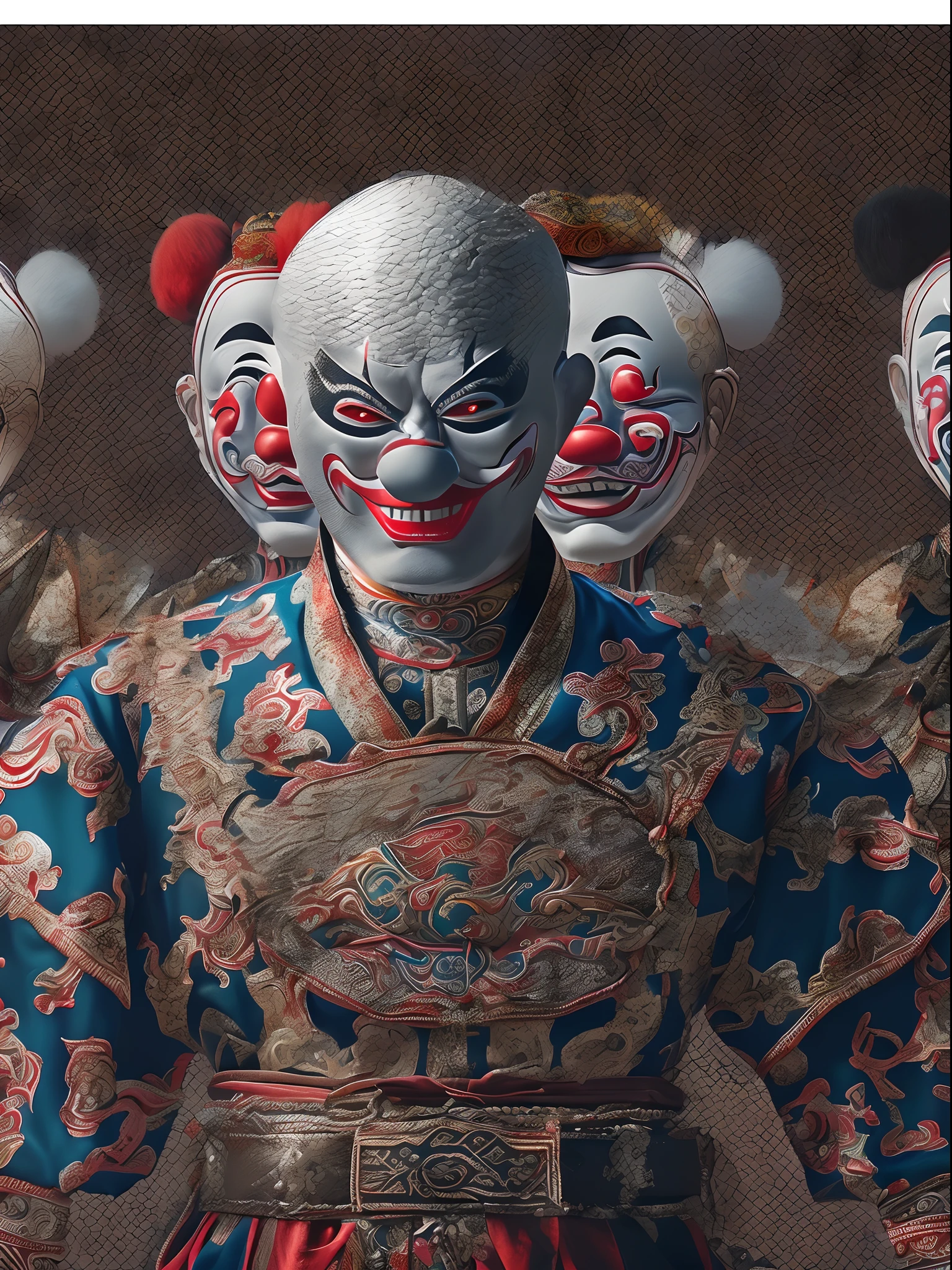 3D rendering of (Close-up of the upper body of a man with the face of a Peking Opera clown), (A super hilarious Peking Opera clown face), (Super hilarious emojis:1.37),(No hair:1.37),(Bare topless:1.0) Muscular man, shades, (balding:1.30), A wide athletic cloth belt is tied around the waist.
Background: Many Peking Opera and Sichuan Opera masks hang on the black walls, Simple background,close up photograph,Photography,Ukiyo-e art,Caricature,Masterpiece,illustration,Encaustic painting,Portrait of Fayoum,Matte painting,Photorealism,Photorealistic,sober, Image via Bradford Young,author:david bailey,author:Laurent Bayeux,Refined atmosphere,Dark atmosphere,Tilt-Shift,Waist Shot(WS),Close up,Mood lighting, --AR 3:4 - Style original - varnishing