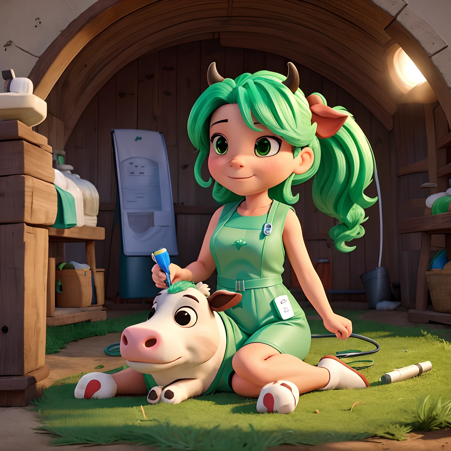 Veterinarian performing ultrasound on a cow inside a pen, com o dia ensolarado, sleeveless green jumpsuit dress