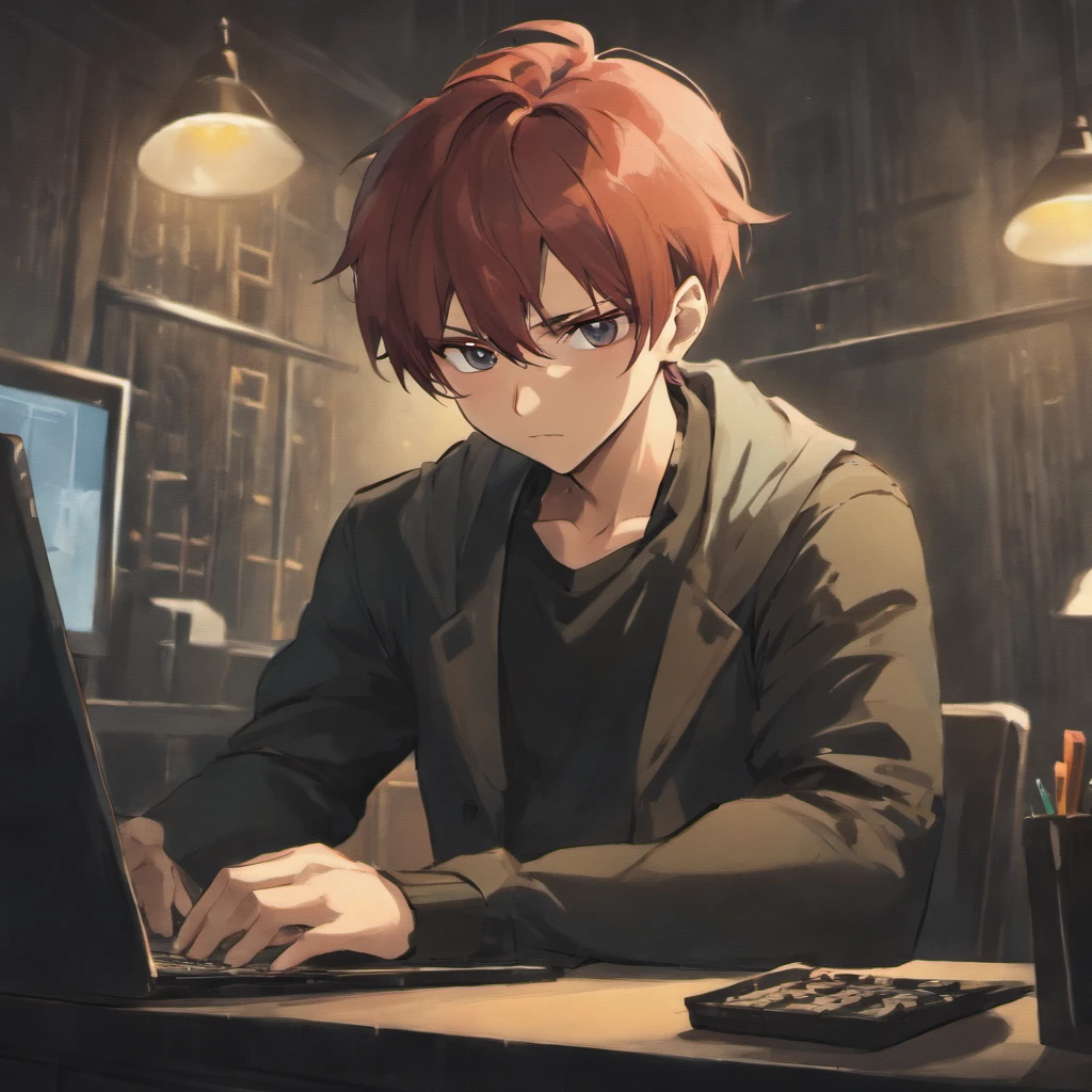 Bald young male sitting at laptop, geek, short dark beard, stare at camera.