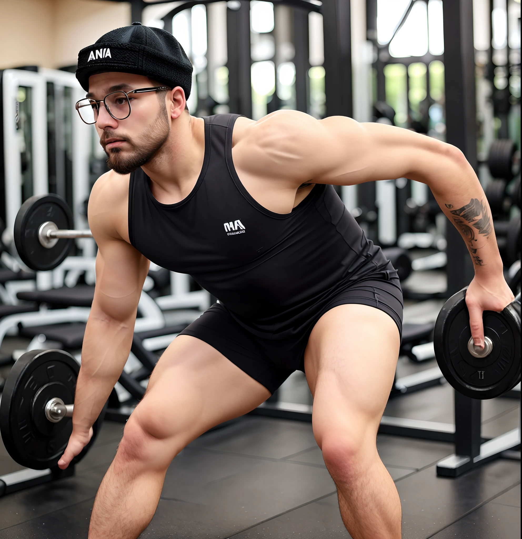 Man brunette beard glasses cap gym Woman thick leg, cabelo preto , academia