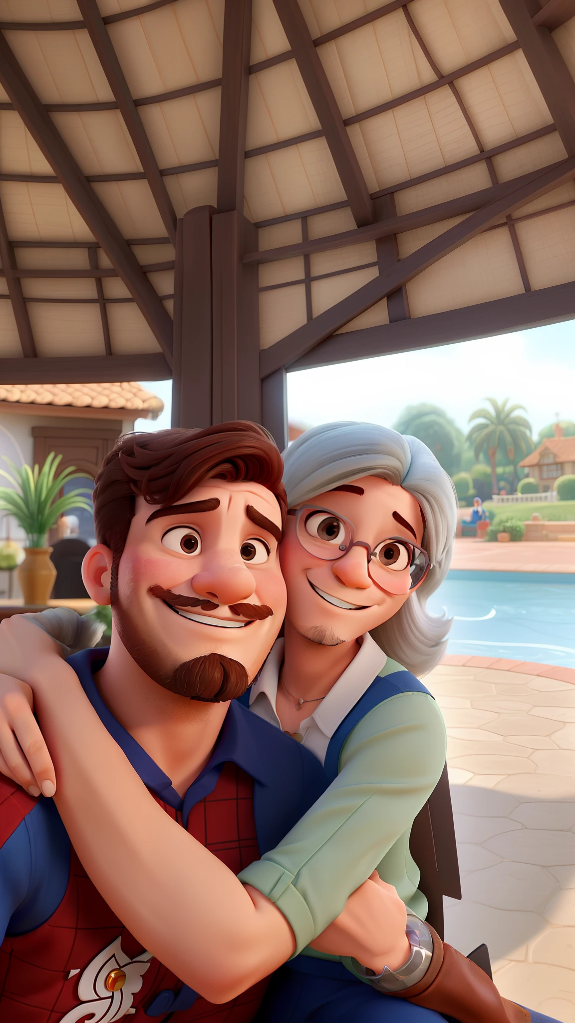 Casal (homem moreno e mulher branca) no estilo Disney Pixar, alta qualidade. The man is Moreno, de barba e bigode baixo, is smiling, mas sem mostrar os dentes. the woman is white, de cabelos pretos, usa oculos transparente, is smiling, sem mostrar os dentes