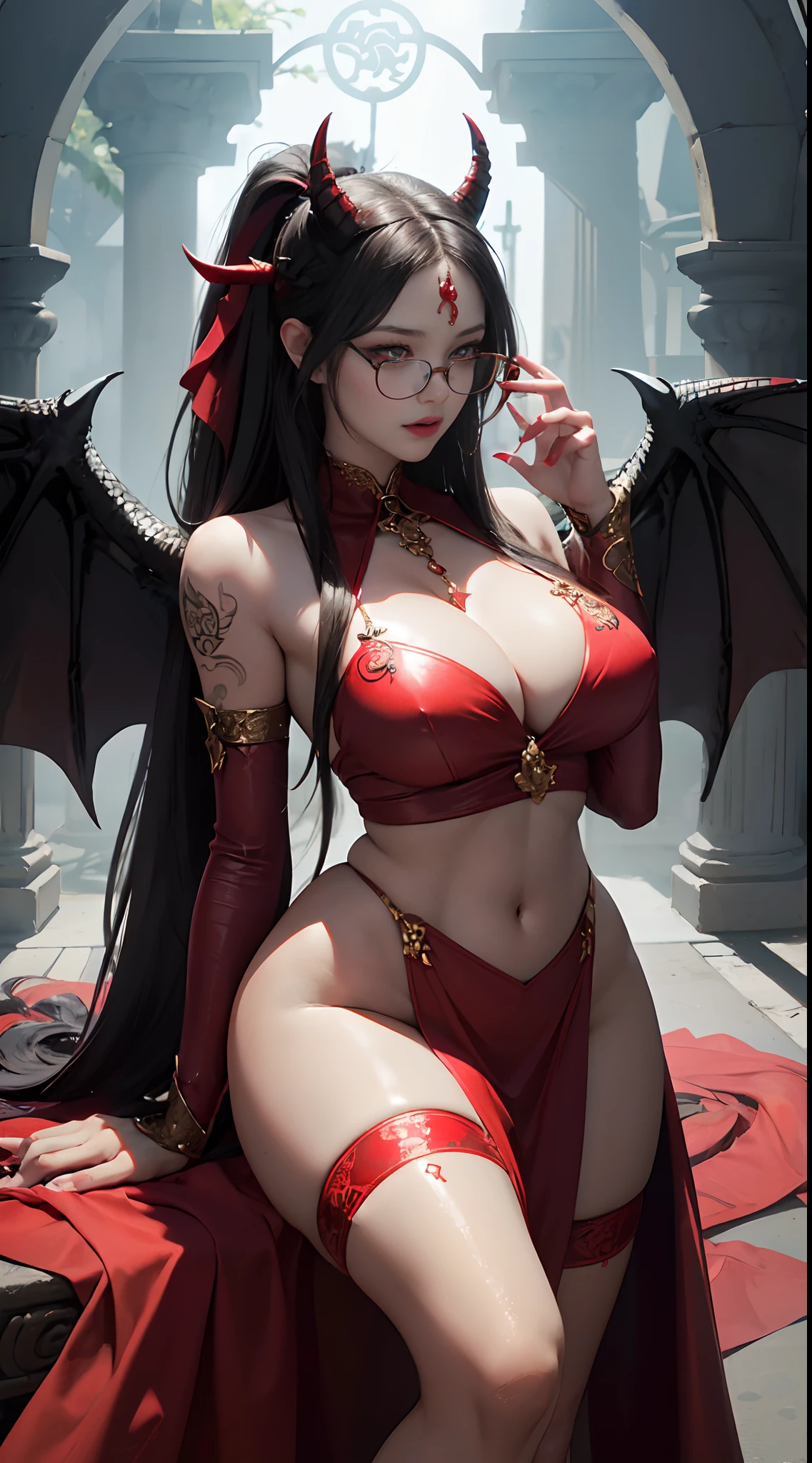 Fine、(The best illustrations)、8k UHD resolution、intricate-detail、top-quality、realisitic、ultra-detailliert、The best lighting、Best Shadows、Soft lighting、Ulutra HD、Ultra-realistic、Tindall Effect、Photorealsitic、(High Detail Skins:1.2)、 (Intricate details, makeup, pureerosface_v1:0.5), (Detailed beautiful delicate face, Detailed beautiful delicate eyes, A perfectly proportioned face, High detailed skin, Detailed skin, best ratio four finger and one thumb, arms below breasts, Tattoo with a red glow under the stomach、Awesome awesome, wide hips, smooth midriff, skiny and thin, __Fashion__, __hair__:1.25)、Digital SLR、 absurderes、1 beautiful devil woman from hell, surreal female portraits by David Hockney and Alphonse Mucha, Portrait of a seductive woman、Fantasy Art, Chinese Doll、Chinese actress、Dungeon、The dragon、Devil's Palace、Devil's Torture Chamber、natta、Dark style 、In the Dark、(Detailed spooky backgrounds:0.8), magia、 女の子1人、Evil Nun、Dark Necromancer、Succubus、Devil's Daughter、Umi Shinonome、Bat Wings,(((Demon Horns)))、 ((((Huge glasses, Otaku Glasses, thick glasses, Round glasses)))),(((Colossal tits)))、(Devil's Tail)、(red eyes glowing:1.6)、red eyes make up very sharp and detailed, The eyes are very well made up, ((Red Eye:1.0)),intricate tattoos, demonic intricate tattoos, thigh tattoos, body tattoos, masterpiece、The most beautiful face、a baby face、Charming smile、plump beautiful red lips、Muscular seductive body、The enchanting body of the devil、devil style、Seductive Black Magic Costume、(((A shiny red snake is wrapped around her body)))、The long-haired、Braids、Black hair、Ponytail distortion、, Ponytail with a bow tied at the back of the hair, Beautiful expression、Body Up、Large breasts emphasis、Bust, Super tight breasts, Breast augmentation surgery, The breasts are very big and round and round,Toned waist、Wide buttocks、 lowkey, cowboy lens, (red phoenix dress: 1.0), devil crown, Red sparkling gemstone necklace、Jewelry Gwise, wearing black mesh socks,Wear light red、nffsw,