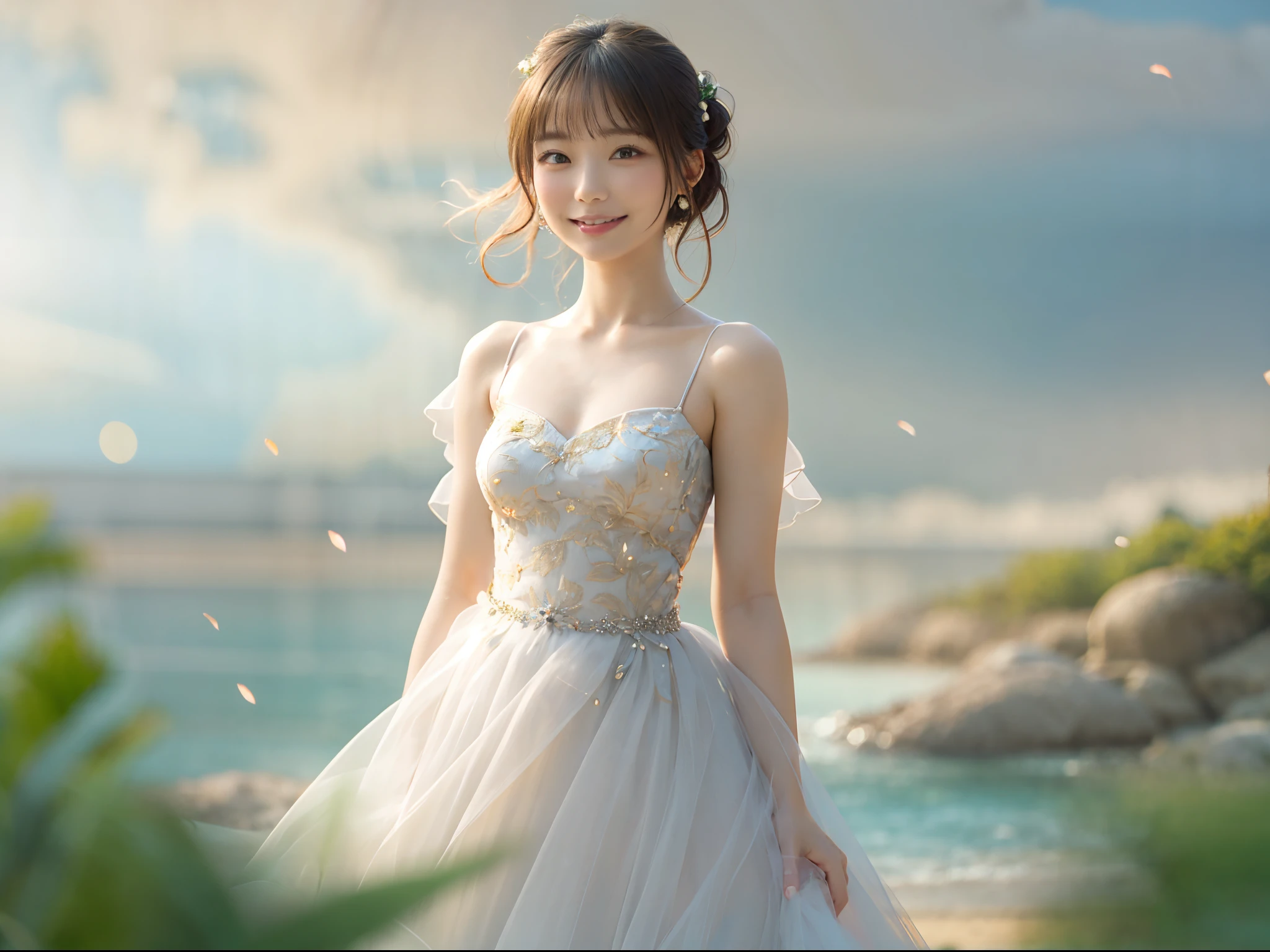 full body Esbian、((lensflare))、((Constricted waist circumference))、((Smiling)),((((27yo)))),(((Smaller bust))))、(((Colorful Wedding Dresses)))、(((Muscle feeling)))、(((photorealisim:6, realisitic)))、browny short hair、Wearing black-rimmed glasses、pale-skinned、looking at the viewers、the beach、coastline、the wind、vague、 8K UHD、Digital SLR、softlighting、hightquality、top-quality、超A high resolution、(Photorealsitic:1.4)、beautiful smiling face, Beautiful detailed sky, 电影灯光, depth of fields, Lens flare light、(A smile:1.15)、(Mouth closed)tiny chest、beautiful finely detailed eyes、Floating hair Nova frog style