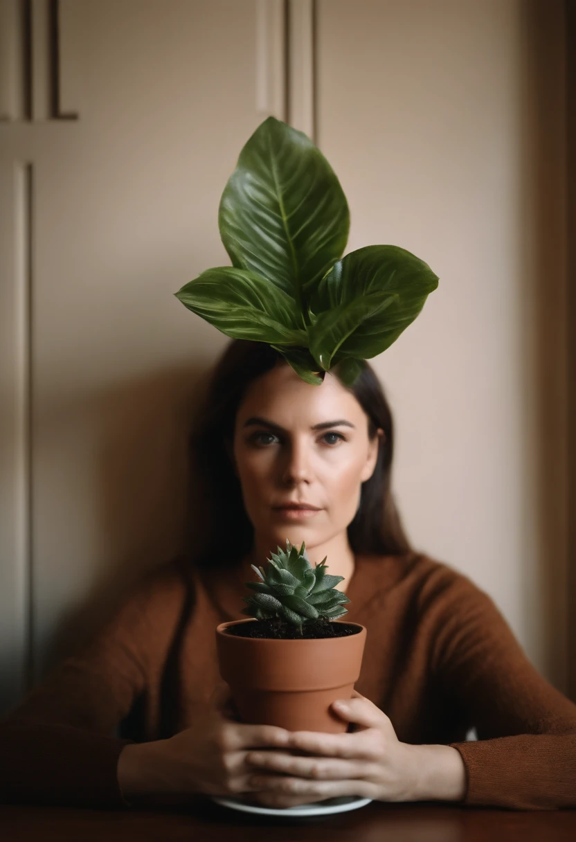 There's a woman with a plant in a pot for her head, uma imagem inspirada em Rene Magritte, planta em vaso, retrato centrado, fundo infinito, a potted plant in place of the head