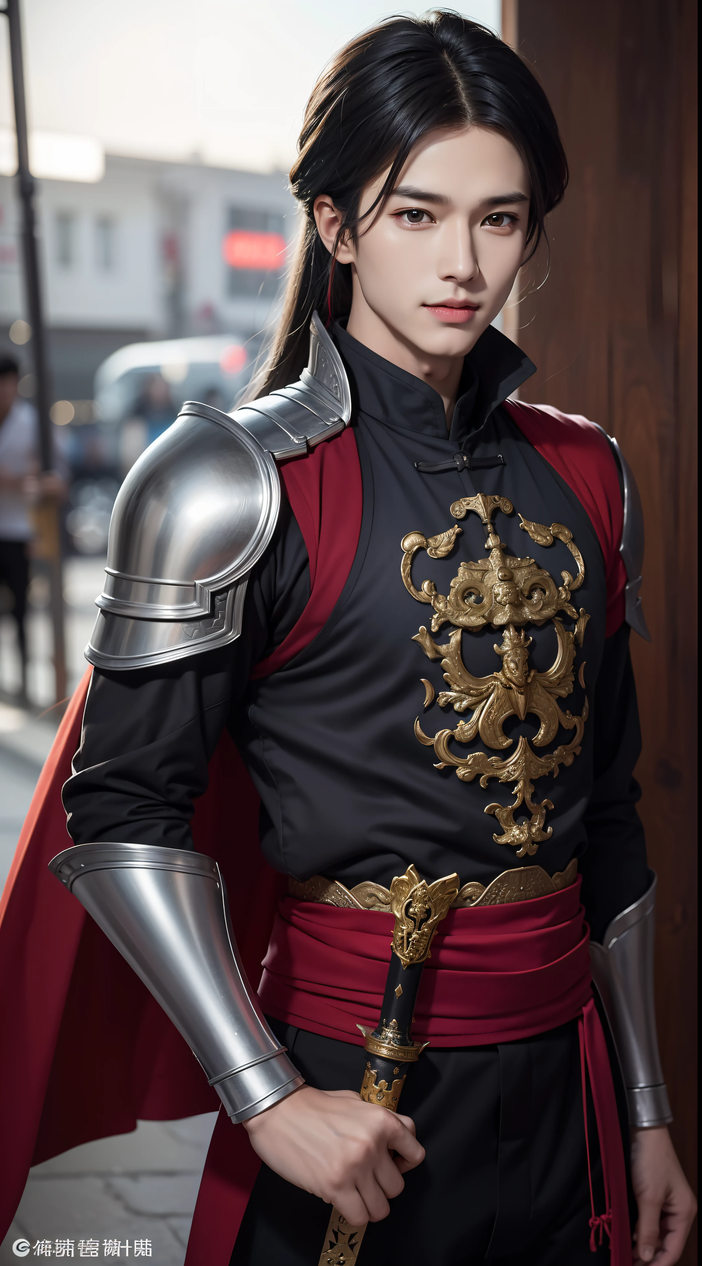 8K,Photorealsitic　Raw photography　top-quality;1.4) 　(1 Juvenile Attendant)　Super handsome use　(Lifelike face)　Shonen Demon Slayer　Black and red combat uniform　Black pants　Leggers Armor　Beautiful expression　超A high resolution　A smile　accurate detail　real looking skin　Equip a sword at the waist　In sword and armor in a city setting by Jan J, Handsome Boy in Demon Slayer Art, G Liulian art style, chengwei pan on artstation, yangjun chen, Zhao Yun, Inspired by Zhang Senyao, by Leng Mei, by Victor Wang, xianxia hero, by Zhou Fang, by Yang Jin