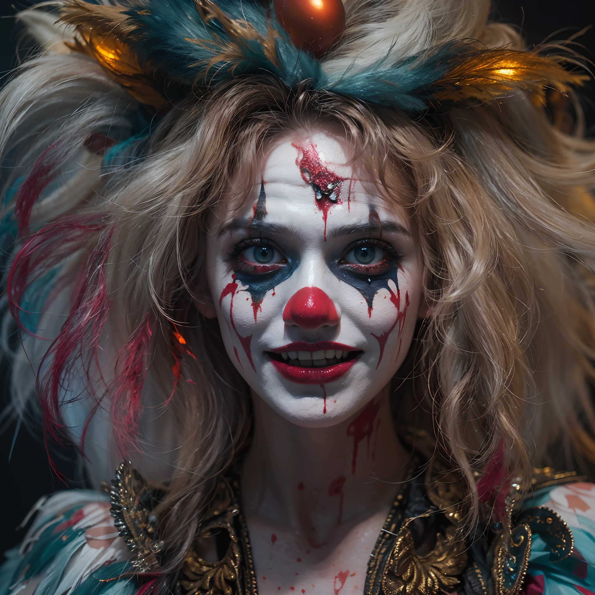 Weird psychopath Halle Quinn,Bloodshot eyes,Crazy expression,horror smile,Reddens Nose,Cute,Wavy hair, feathered headdress,Sparkling sequins,(Colorful clown costumes),oil painted,creepy atmosphera,eerie lights,Haunted hospital,It's all blood.Detail texture、painterly style、Psychological thriller、arte de terror、Gorgeous but unsettling、It's terrifyingly real、It's terrifyingly realistic、Surrealist elements、Unconventional beauty、Provocative、Dramatic impact,(Portrait of Horror:1.1)